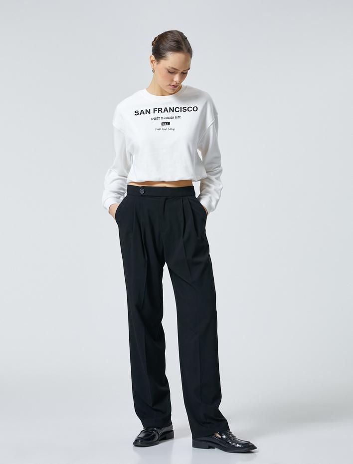  Crop Sweatshirt Baskılı Bisiklet Yaka Pamuklu Üç İplik Şardonlu