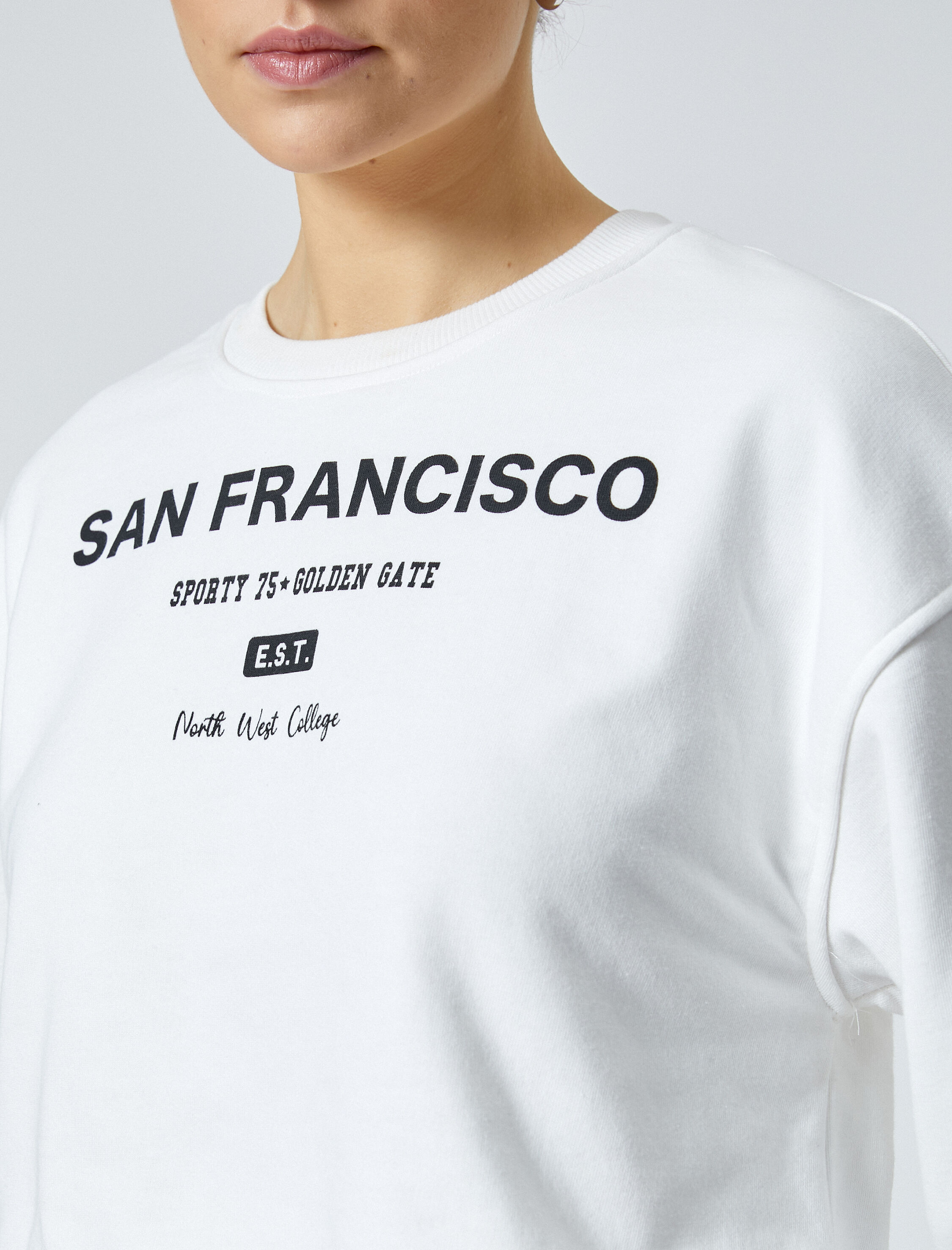   Crop Sweatshirt Baskılı Bisiklet Yaka Pamuklu Üç İplik Şardonlu