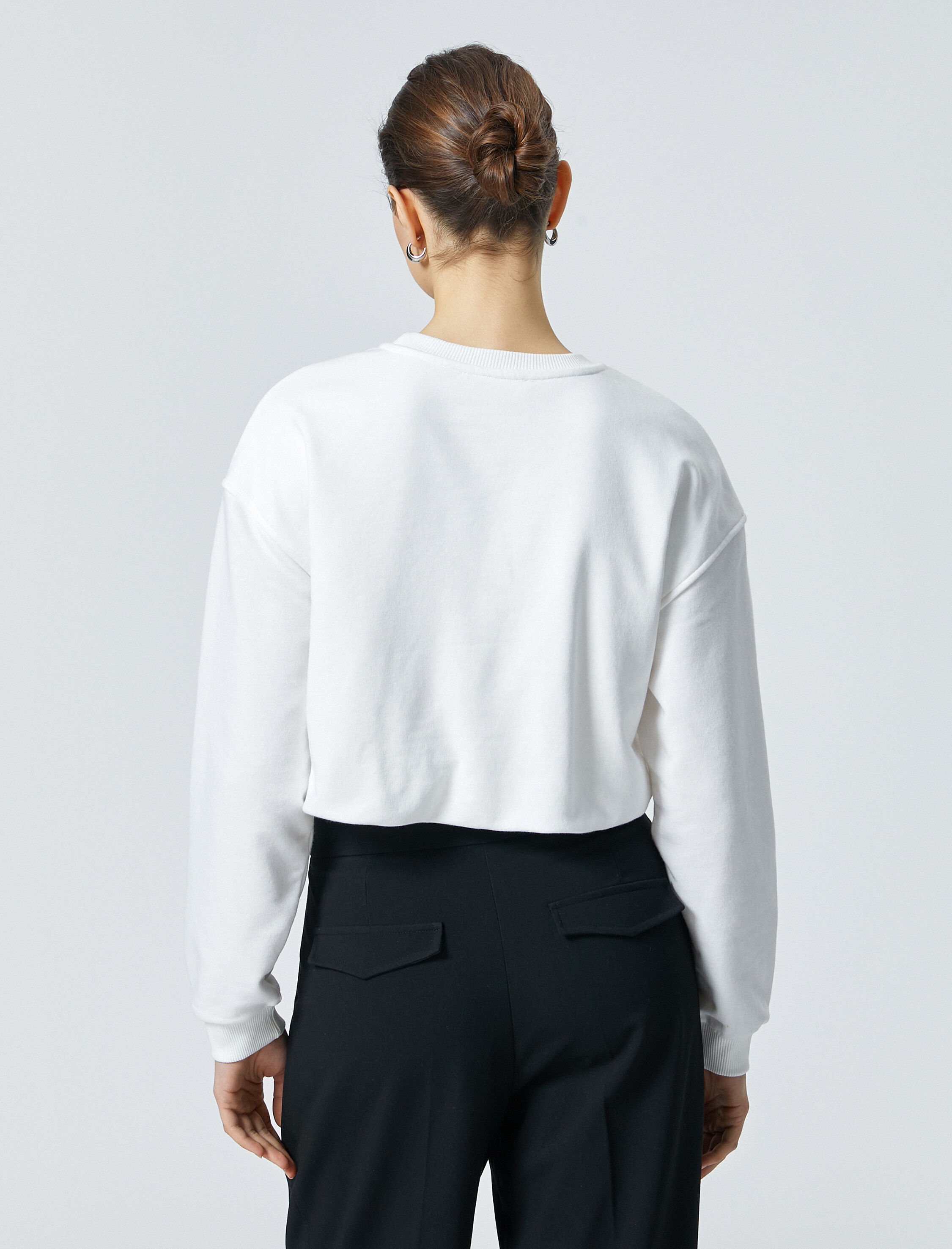   Crop Sweatshirt Baskılı Bisiklet Yaka Pamuklu Üç İplik Şardonlu