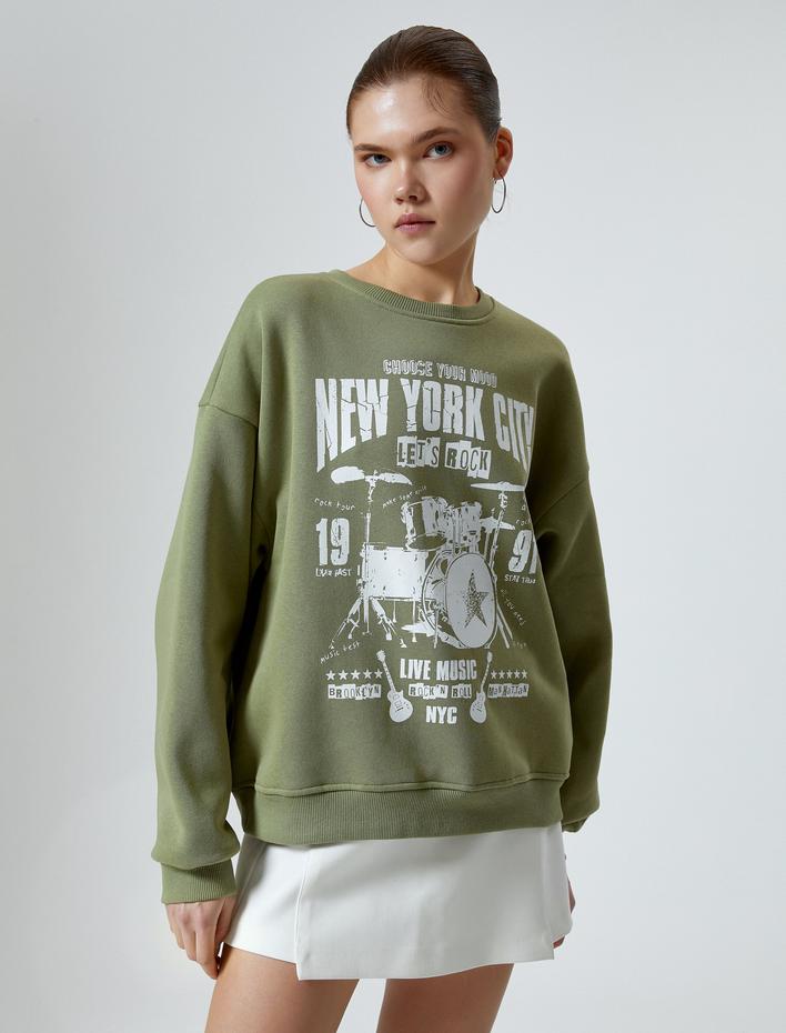  Şardonlu Baskılı Sweatshirt Uzun Kollu Bisiklet Yaka Rahat Kalıp