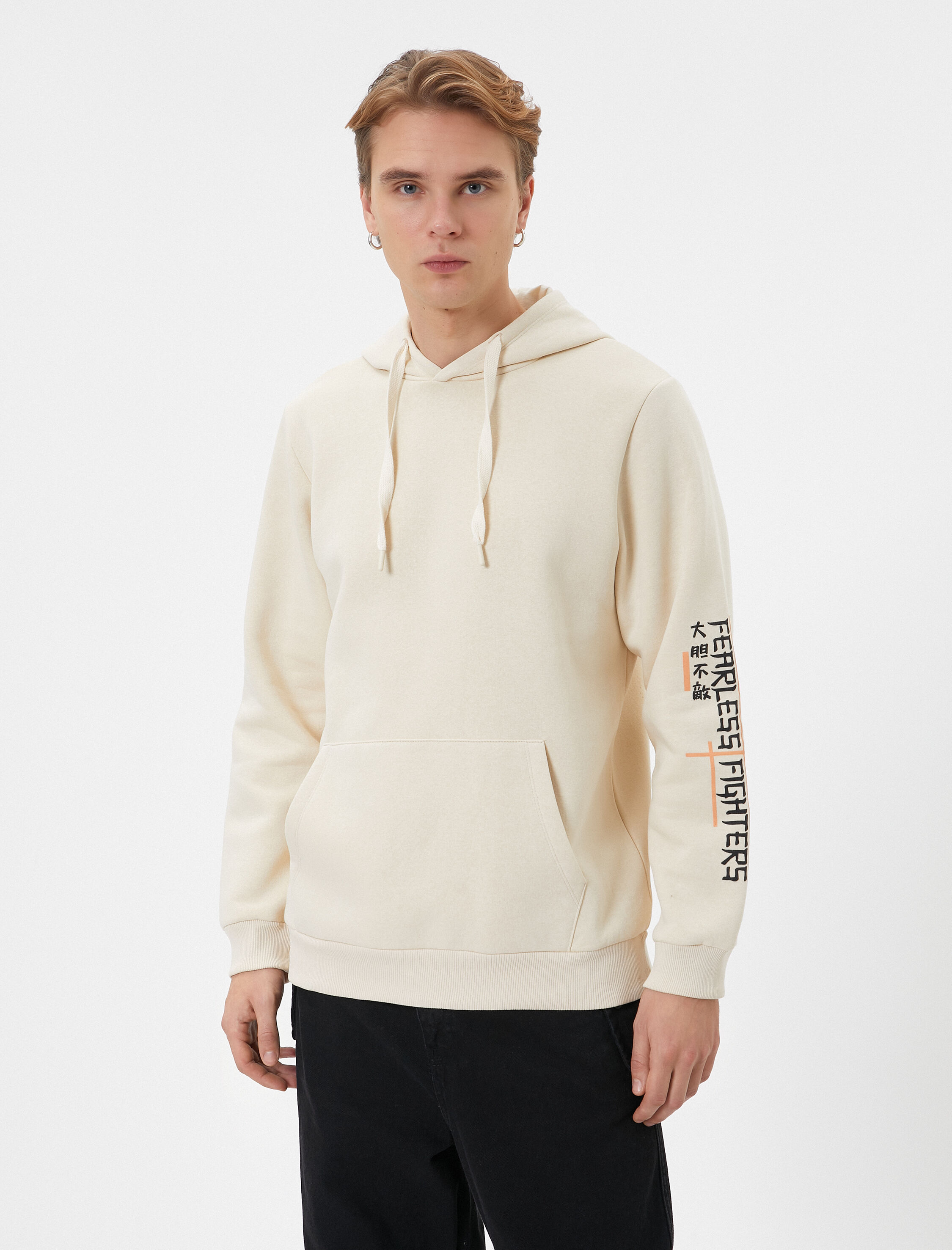   Kapşonlu Sweatshirt Arkası Baskılı Kanguru Cep Detaylı Şardonlu