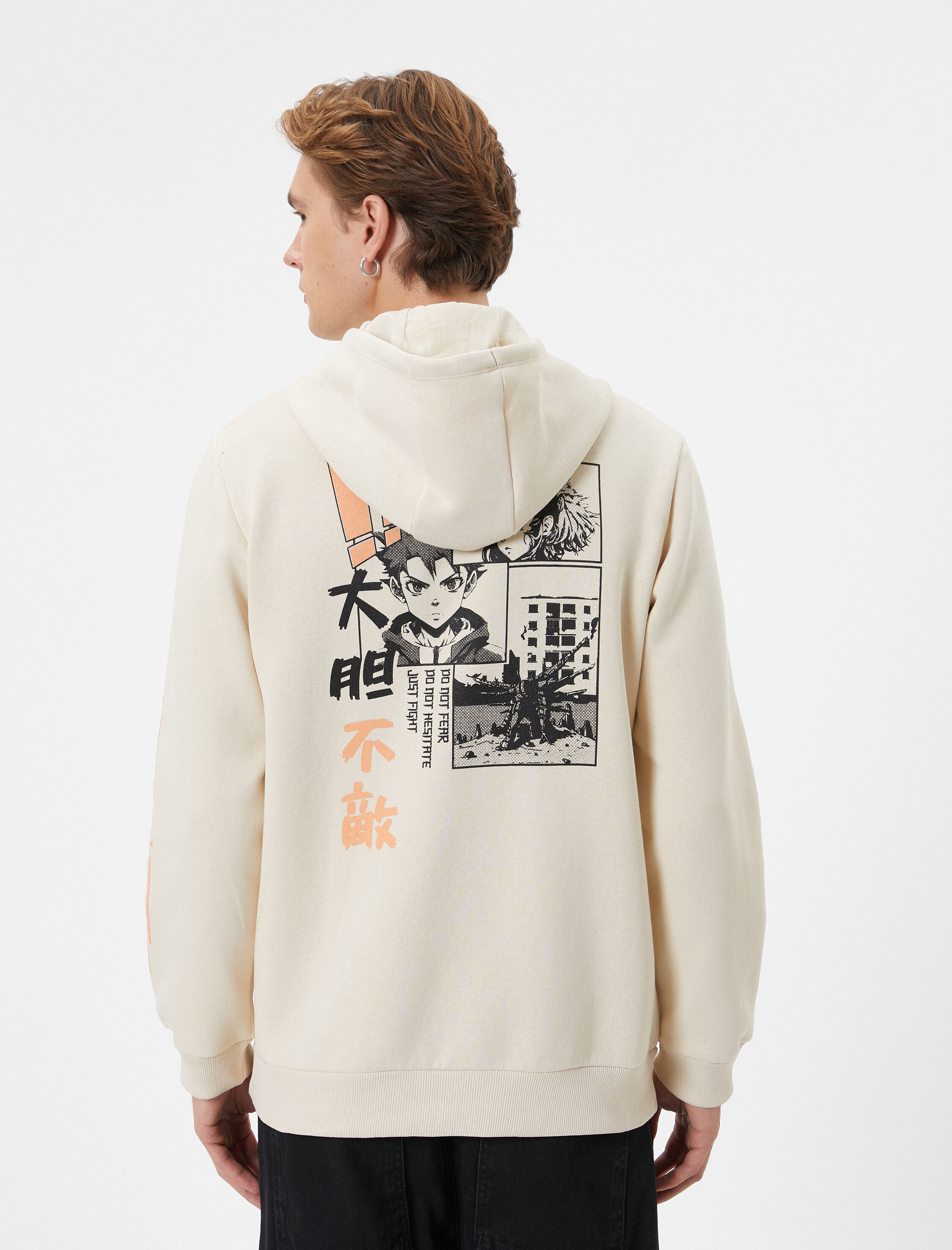   Kapşonlu Sweatshirt Arkası Baskılı Kanguru Cep Detaylı Şardonlu