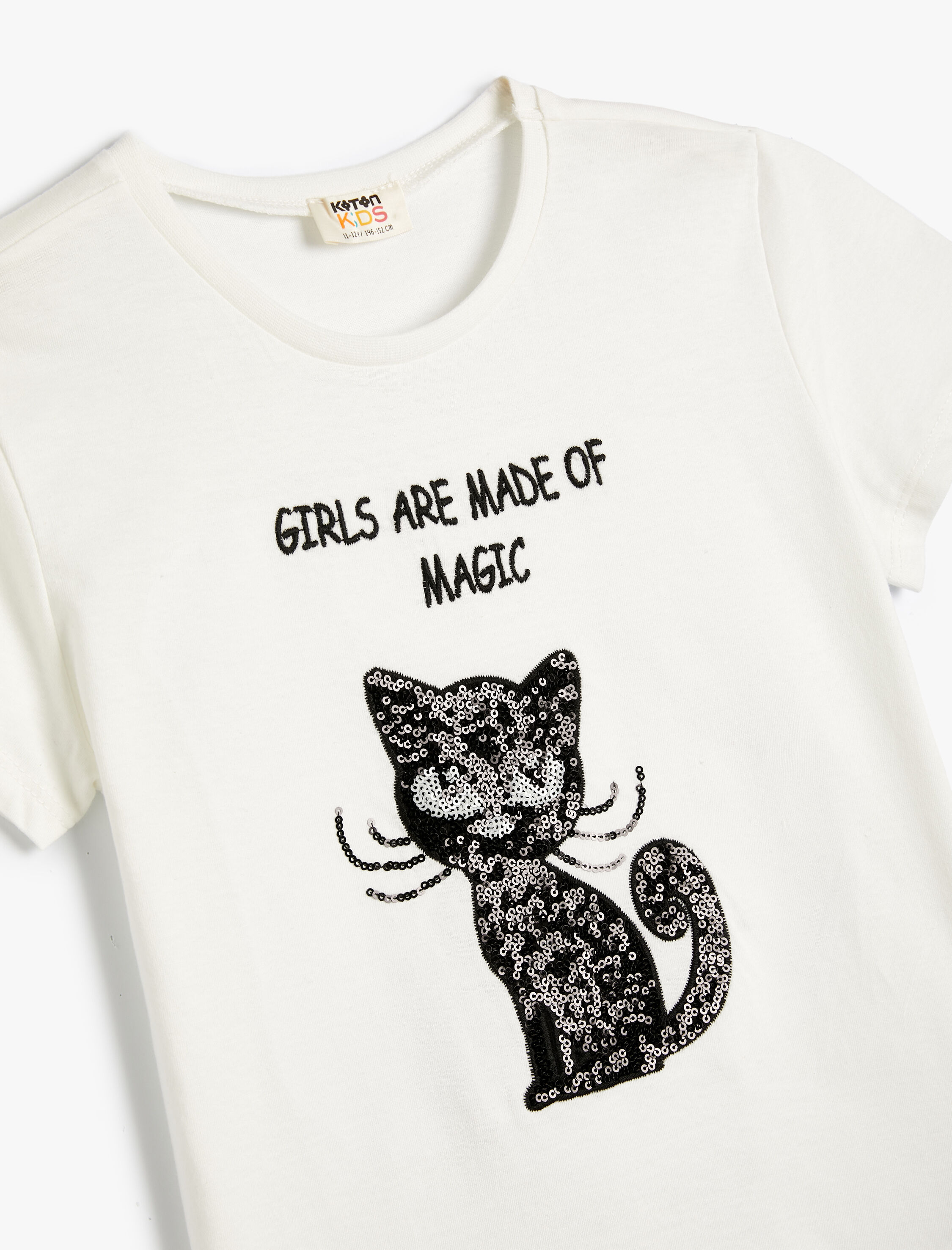  Kız Çocuk Tişört Kısa Kollu Bisiklet Yaka Kedi Pul Payet İşlemeli