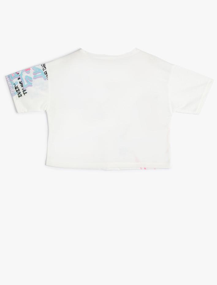 Kız Çocuk Crop Tişört Grafiti Baskılı Kısa Kollu Bisiklet Yaka