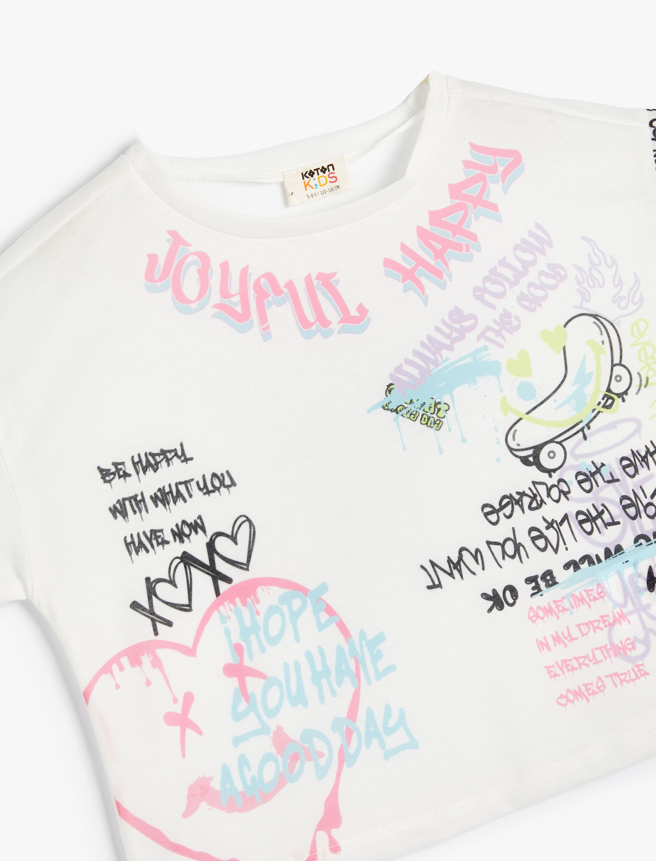  Kız Çocuk Crop Tişört Grafiti Baskılı Kısa Kollu Bisiklet Yaka