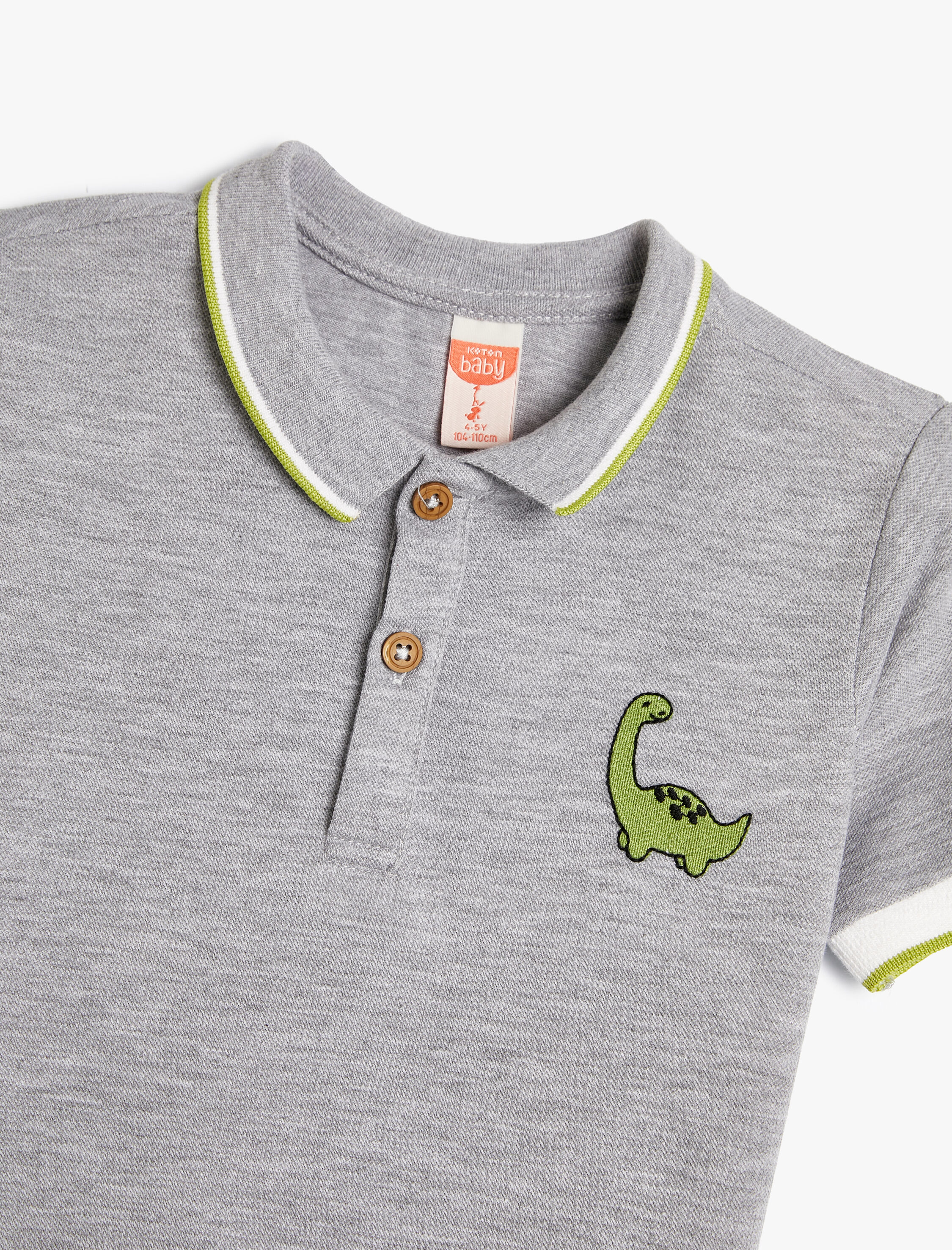  Erkek Bebek Polo Yaka Tişört Kısa Kollu Dinozor İşleme Detaylı Düğmeli