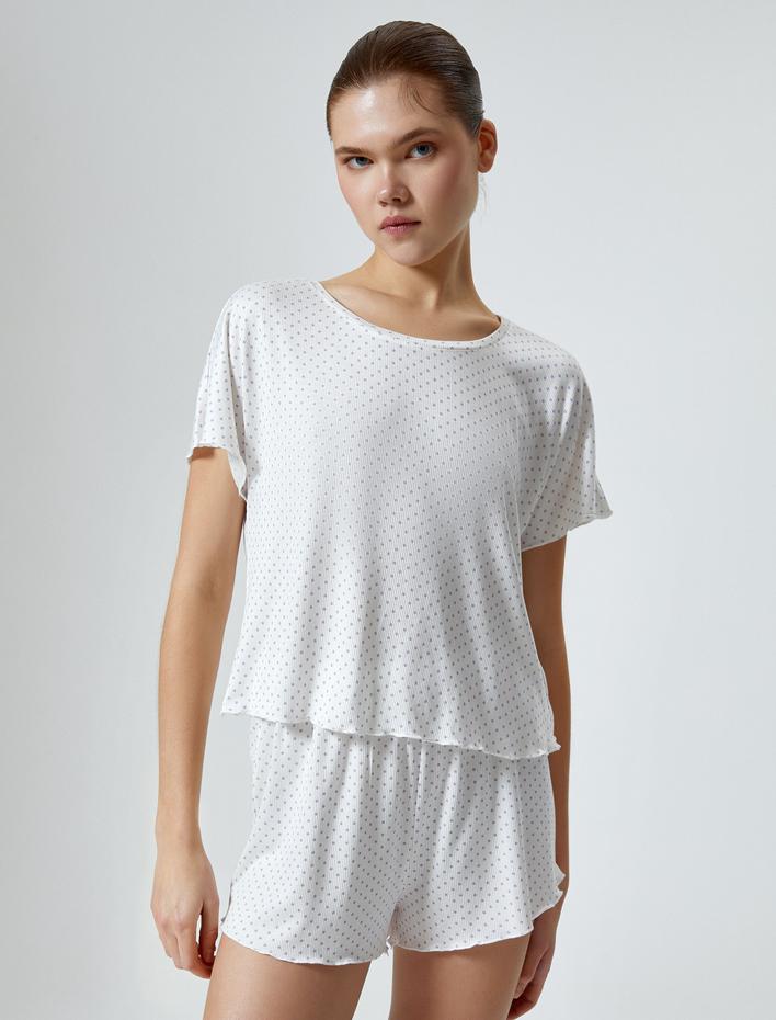  Şortlu Pijama Takımı Puantiyeli Fitilli Kısa Kollu Viskon