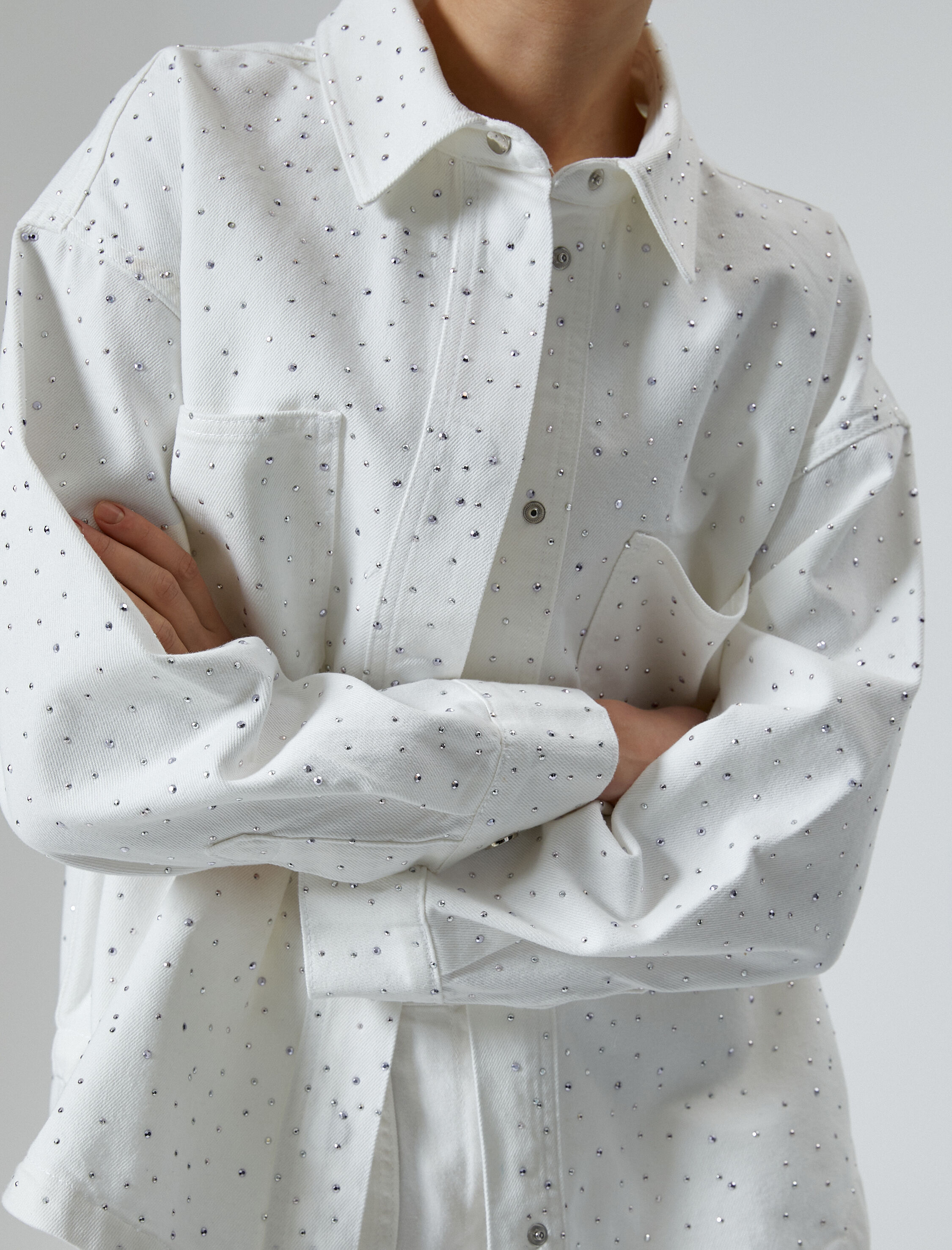   Oversize Taşlı Gömlek Ceket Ekstra Uzun Cepli