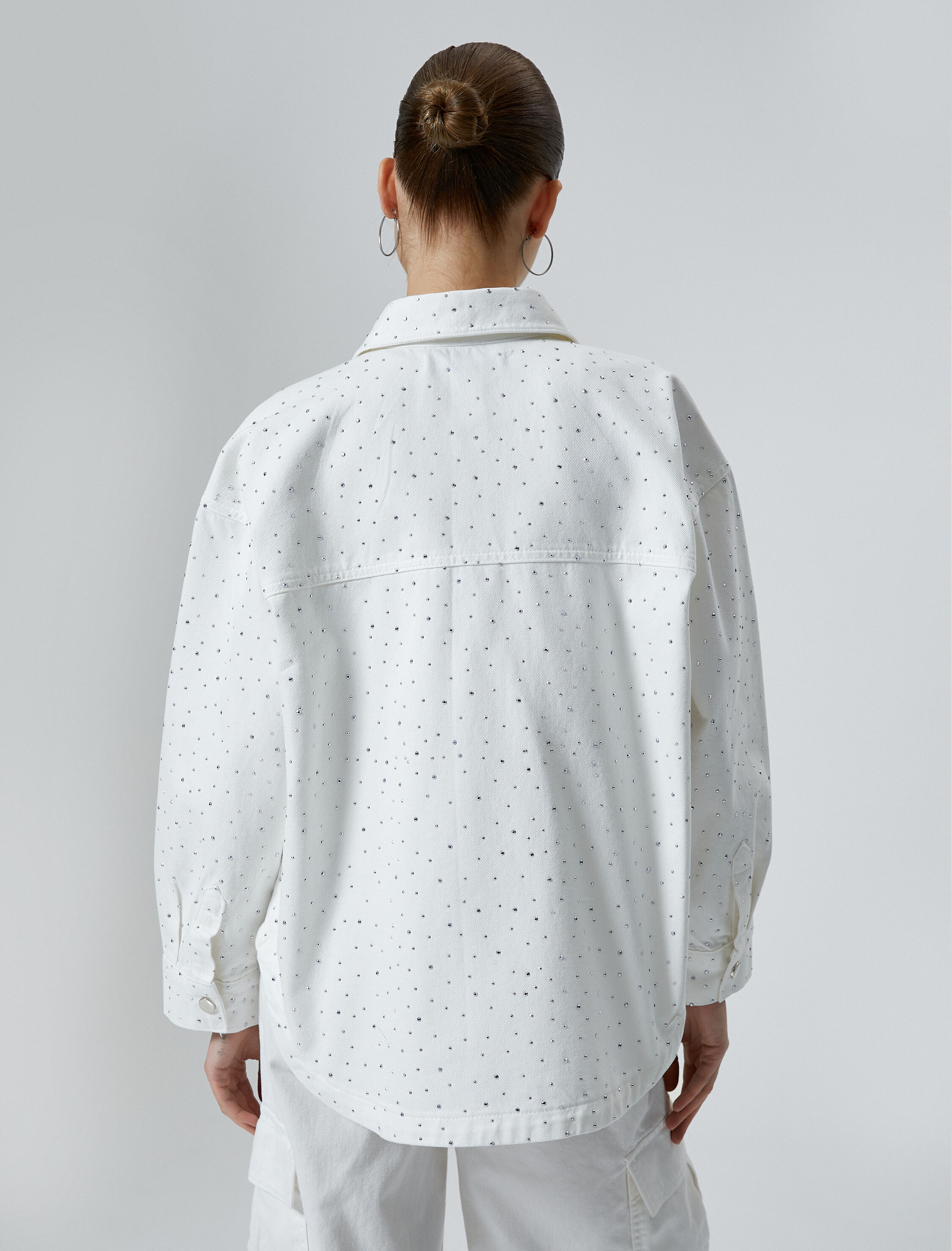  Oversize Taşlı Gömlek Ceket Ekstra Uzun Cepli