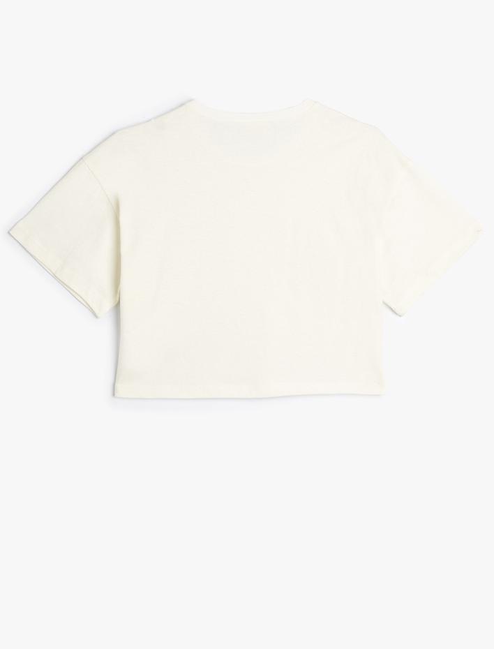 Kız Çocuk Crop Tişört Kalpli Kısa Kollu Bisiklet Yaka Pamuklu