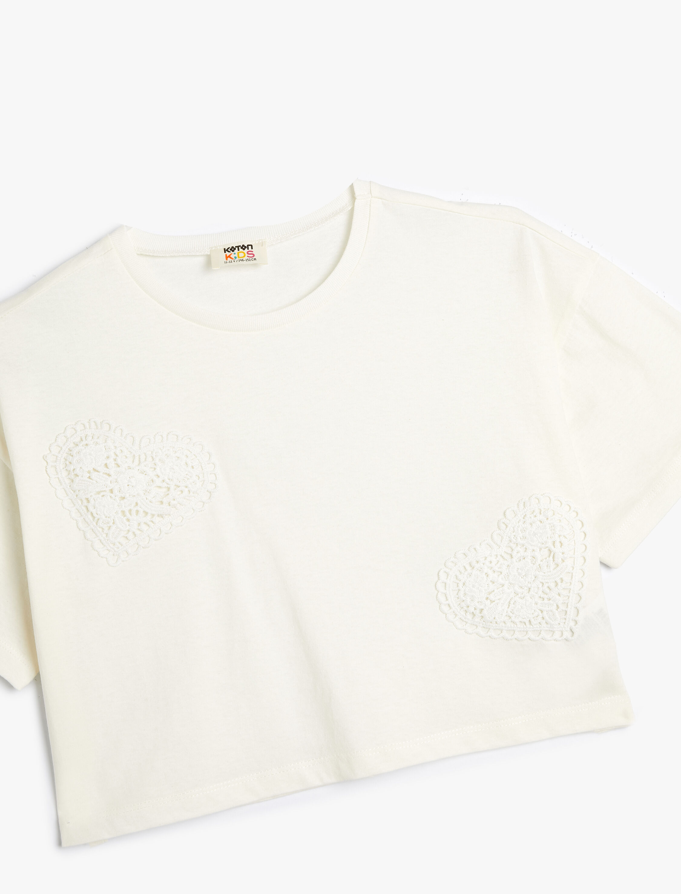  Kız Çocuk Crop Tişört Kalpli Kısa Kollu Bisiklet Yaka Pamuklu