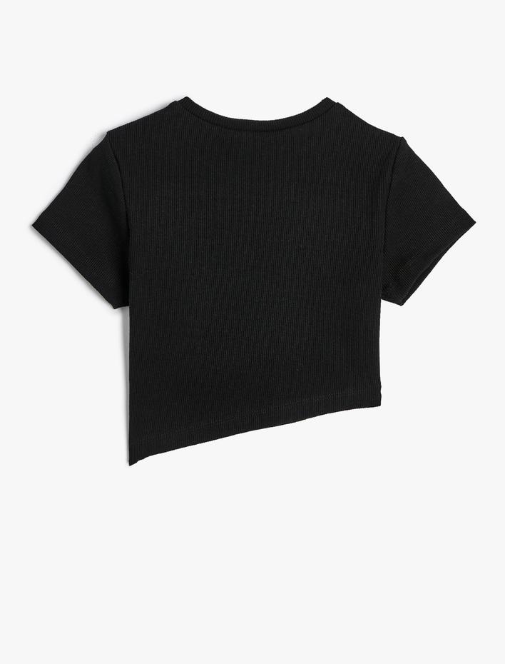 Kız Çocuk Crop Tişört Asimetrik Bel Baskılı Pamuklu