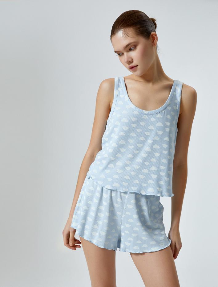 Şortlu Pijama Takımı Bulut Desenli Fitilli Askılı Viskon