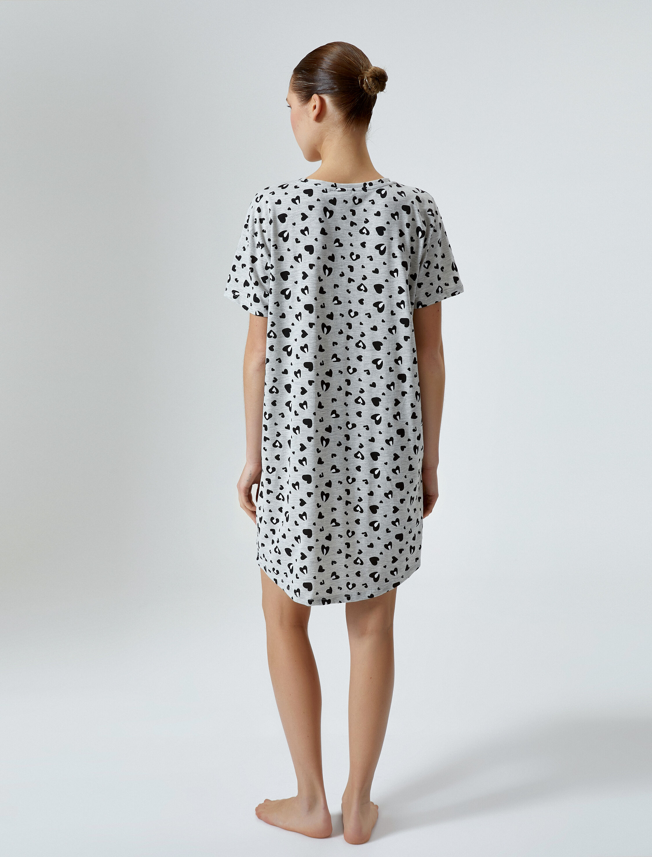   Kısa Kollu Gecelik Kedi Baskılı Bisiklet Yaka