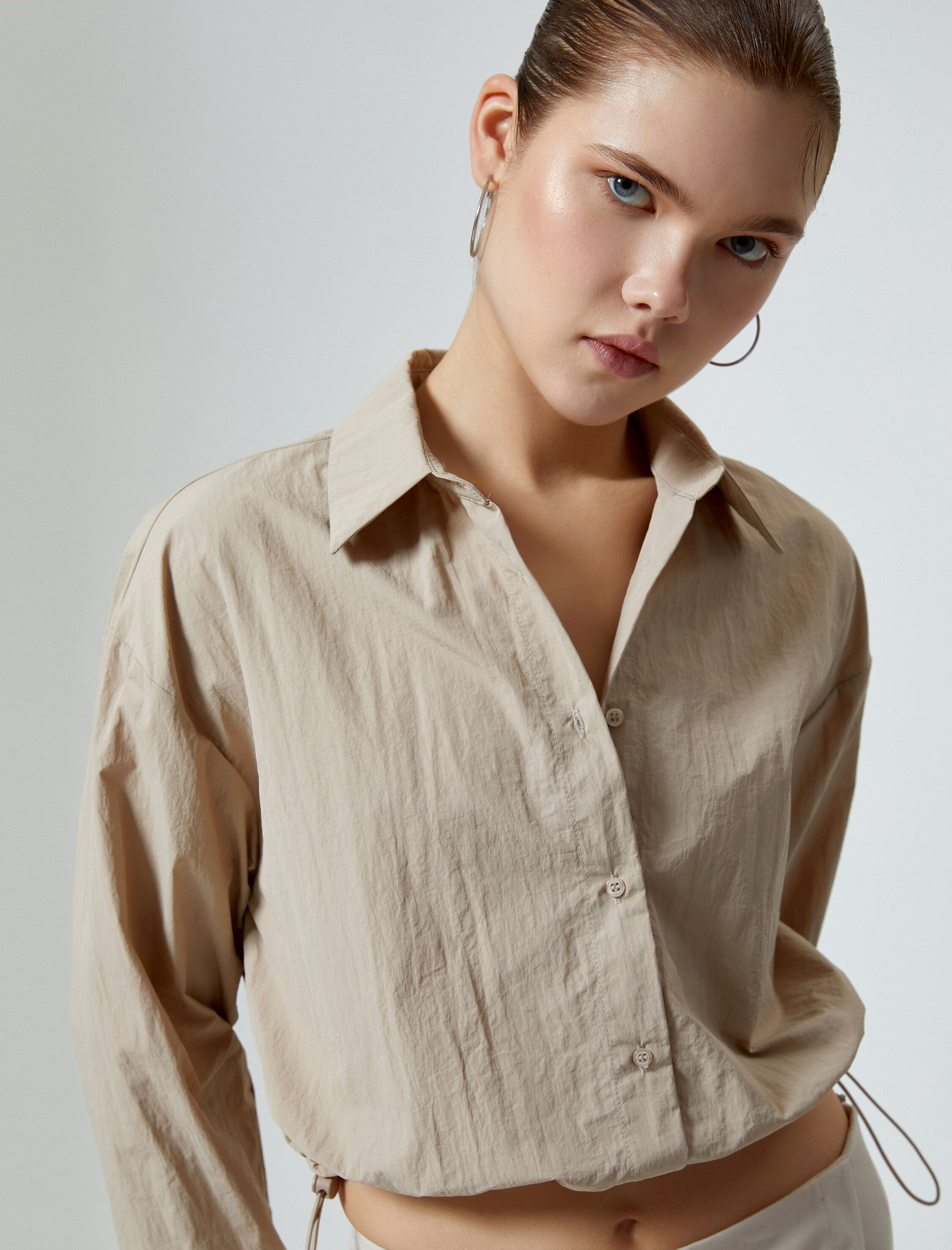   Paraşüt Kumaş Crop Gömlek Oversize Beli Lastikli