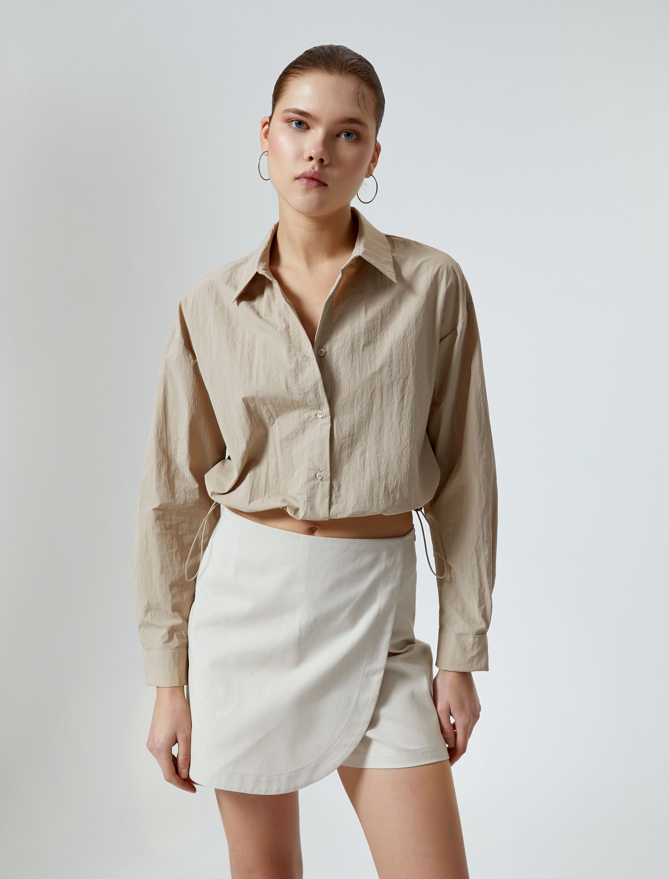   Paraşüt Kumaş Crop Gömlek Oversize Beli Lastikli