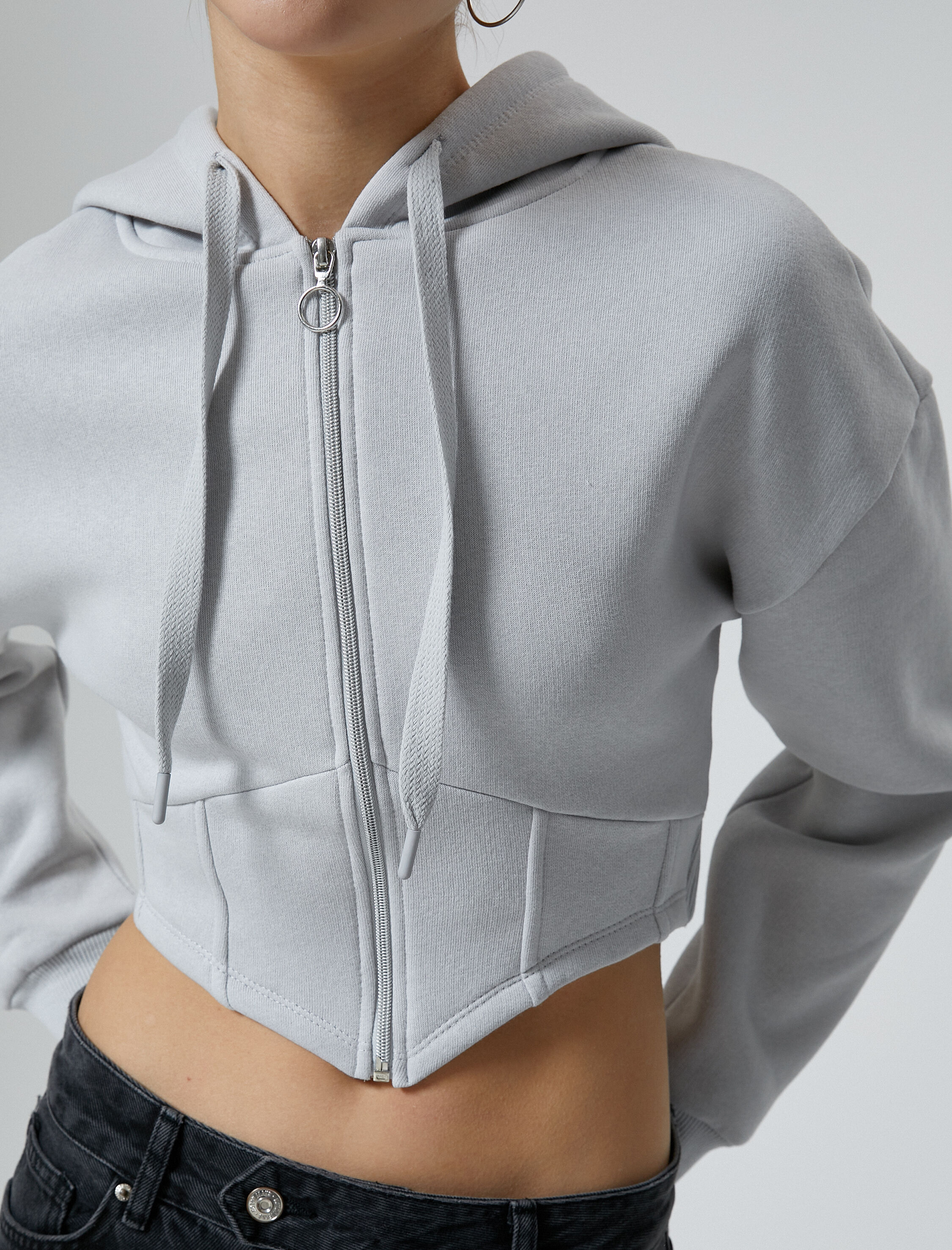   Fermuarlı Crop Sweatshirt Korse Görünümlü