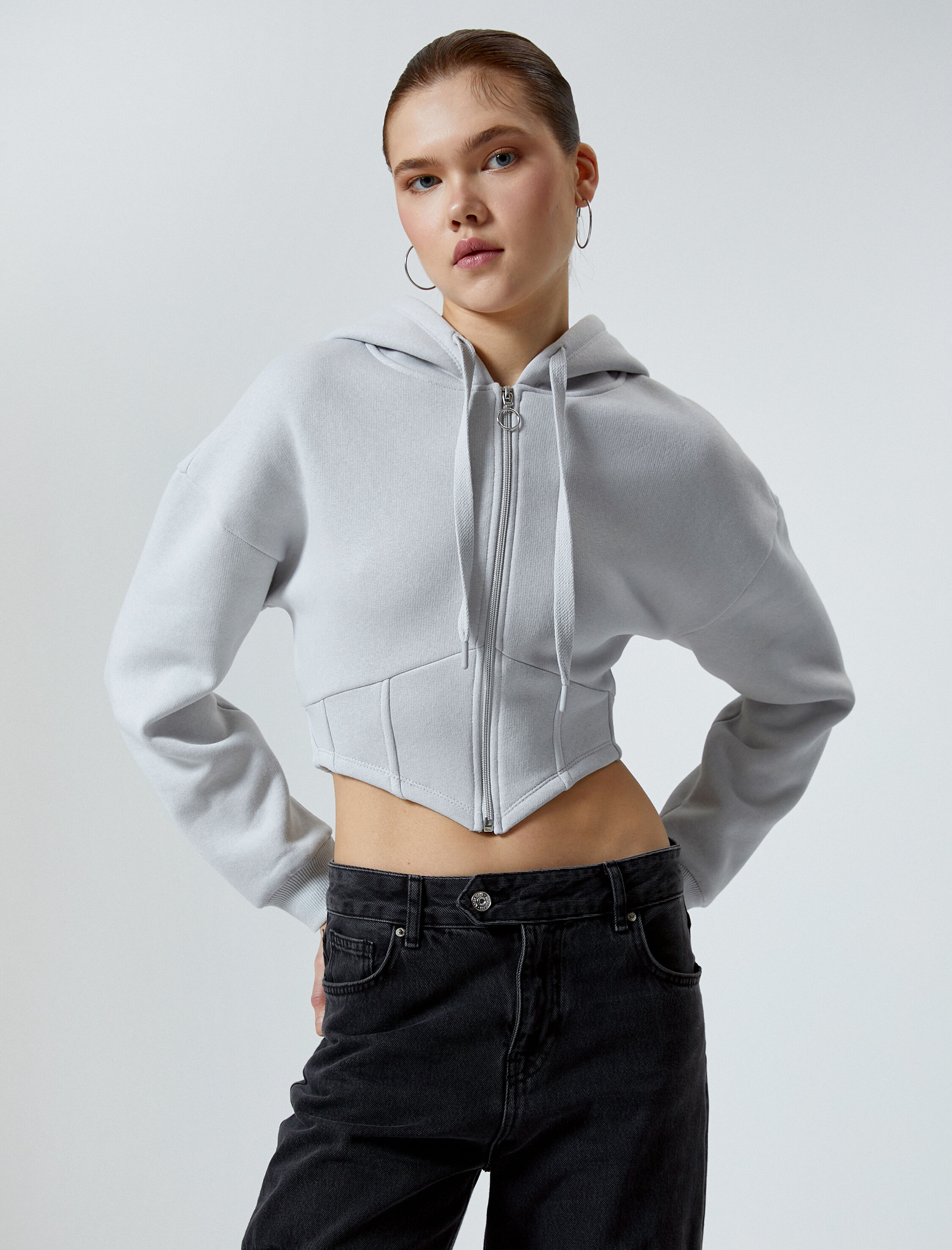   Fermuarlı Crop Sweatshirt Korse Görünümlü