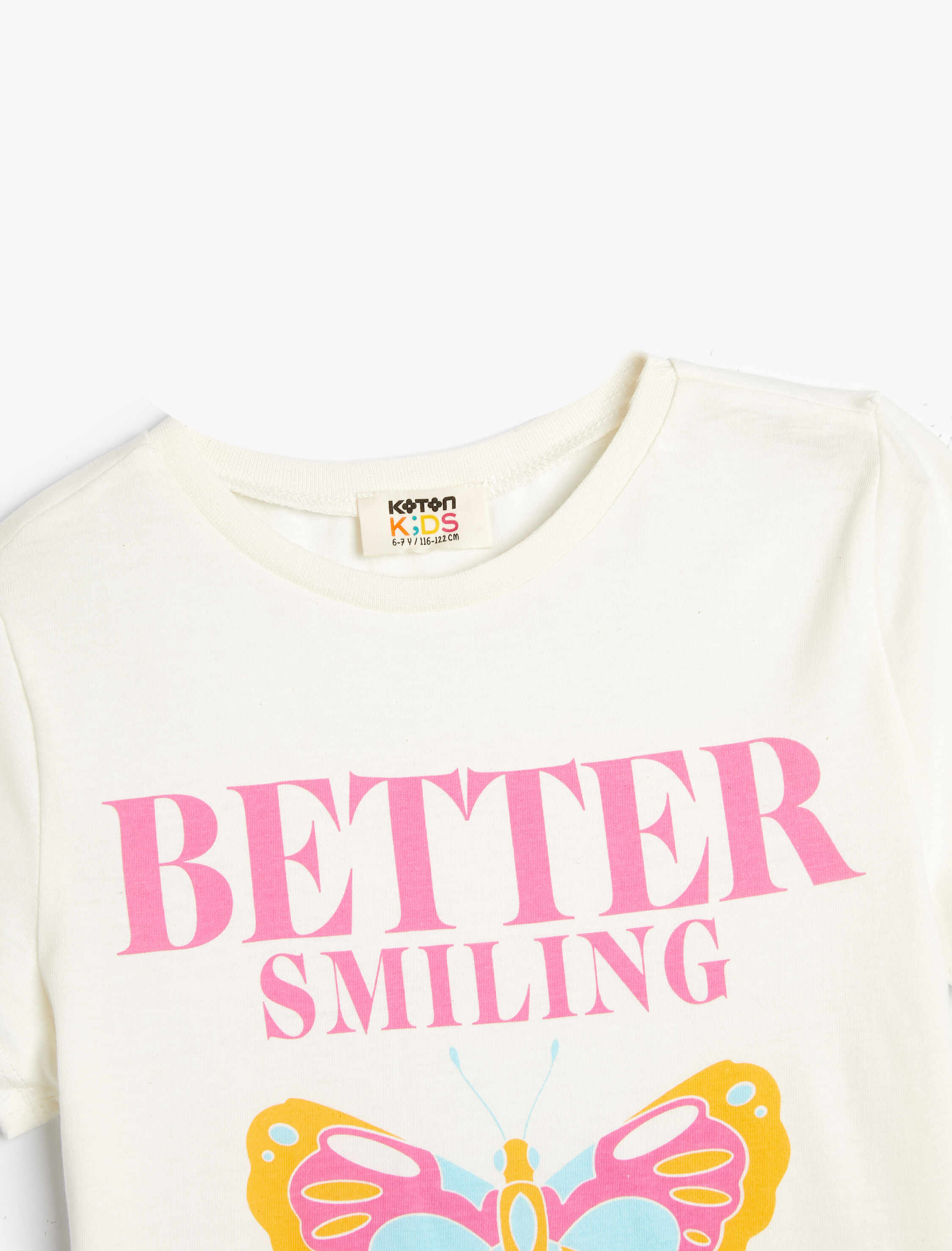  Kız Çocuk Tişört Kısa Kollu Bisiklet Yaka Kelebek Baskılı Pamuklu