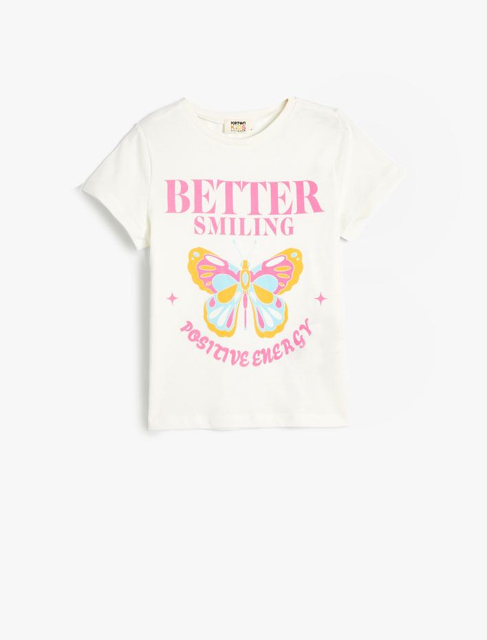 Kız Çocuk Tişört Kısa Kollu Bisiklet Yaka Kelebek Baskılı Pamuklu
