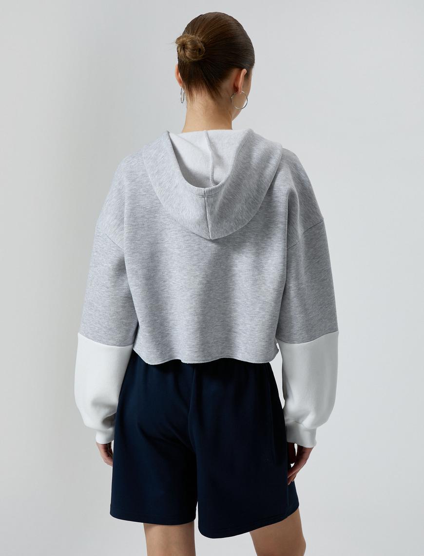   Kapüşonlu Fermuarlı Sweatshirt Crop Uzun Kollu İşlemeli