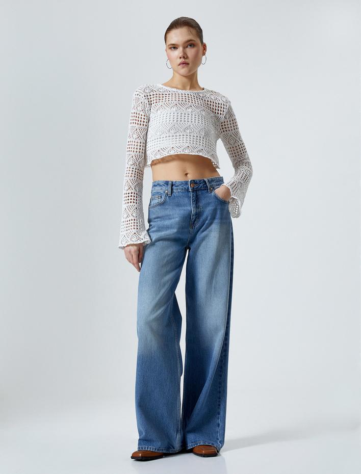  Kroşe Crop Tişört Uzun Kollu Yuvarlak Yaka Ajurlu