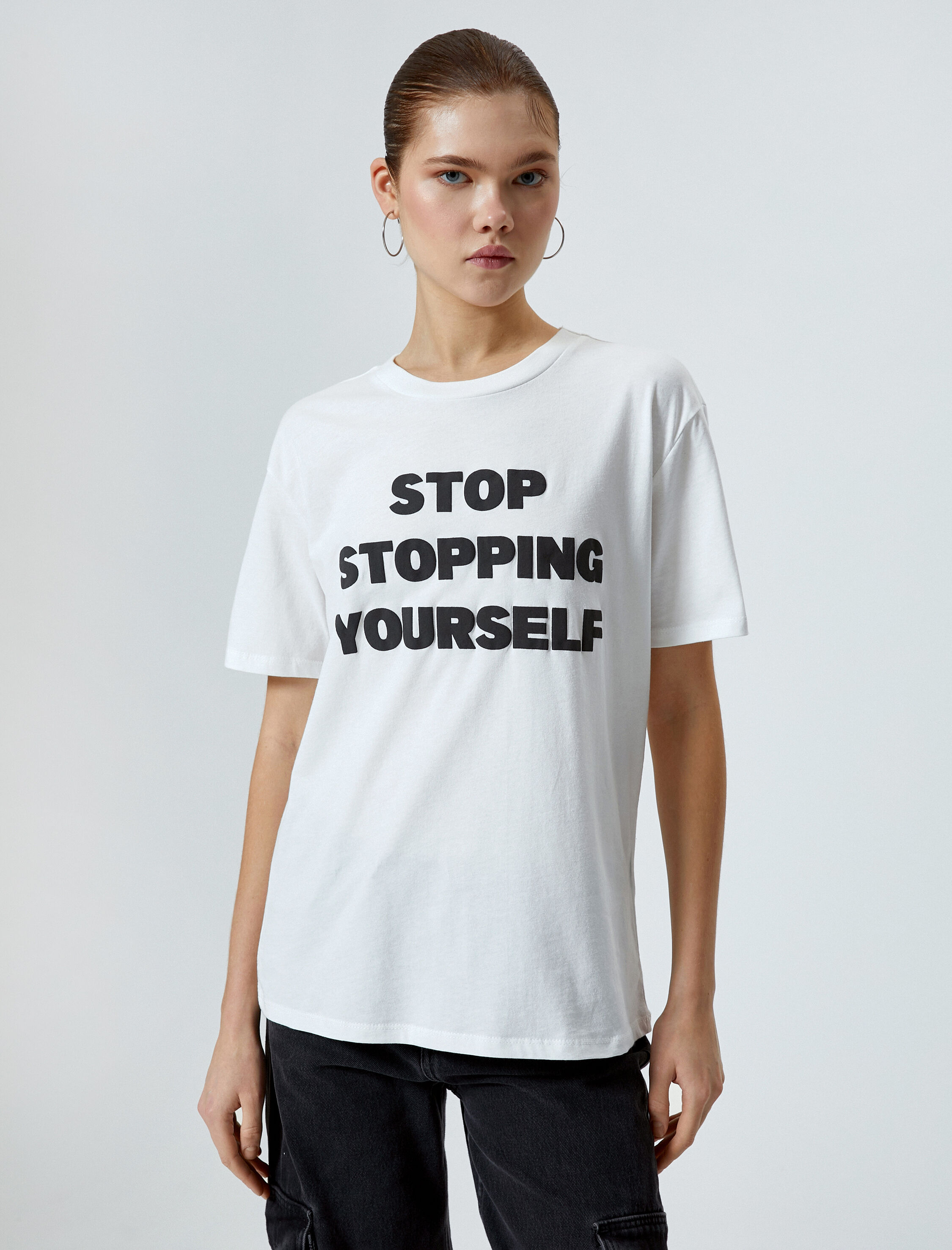   Baskılı Tişört Kısa Kollu Bisiklet Yaka Pamuklu