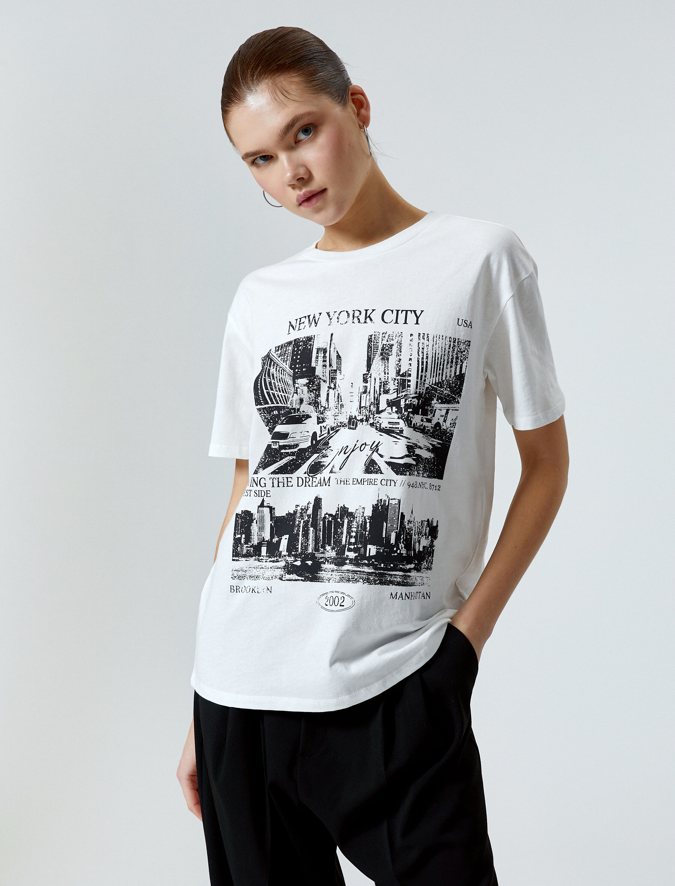   Baskılı Tişört Kısa Kollu Bisiklet Yaka Pamuklu