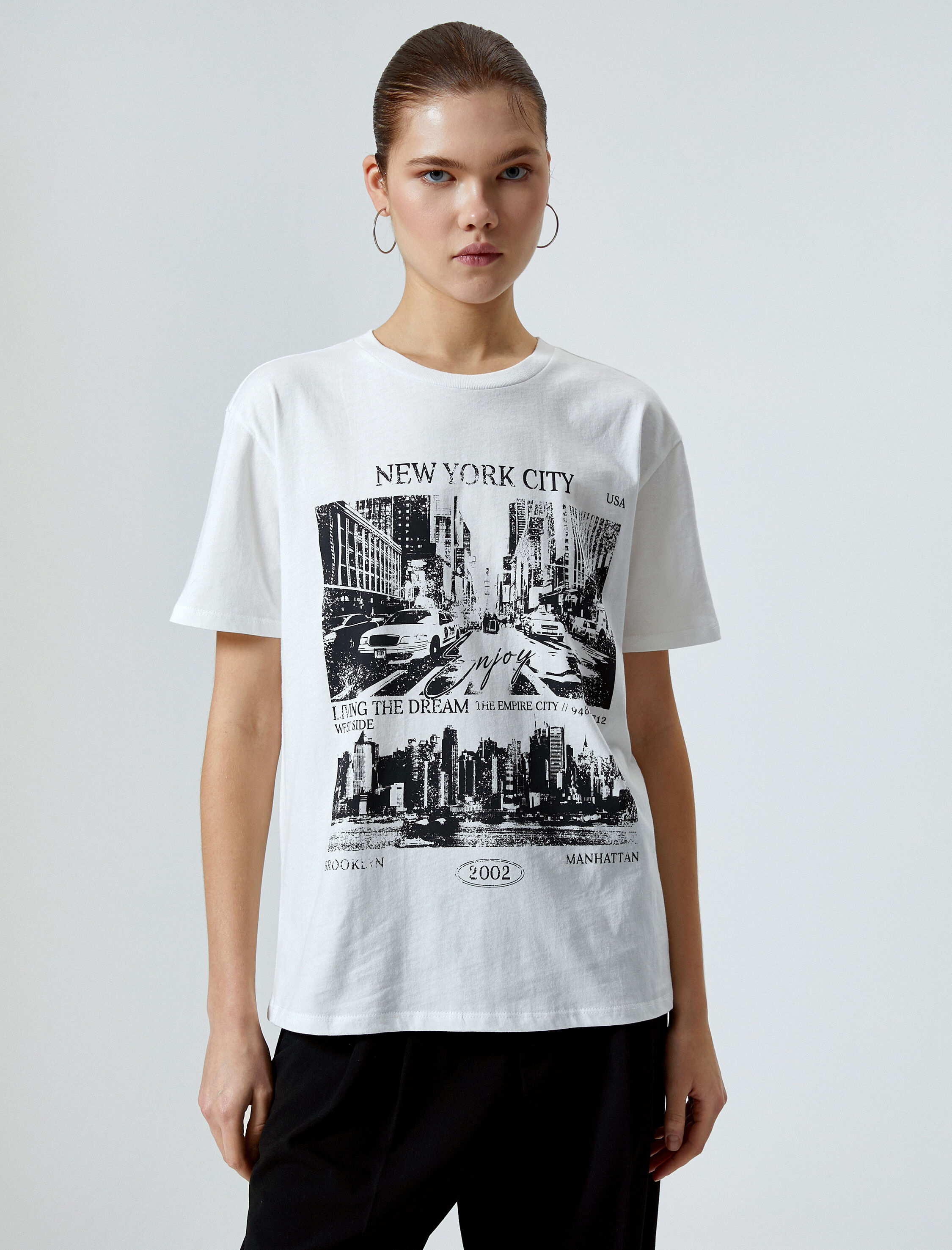   Baskılı Tişört Kısa Kollu Bisiklet Yaka Pamuklu