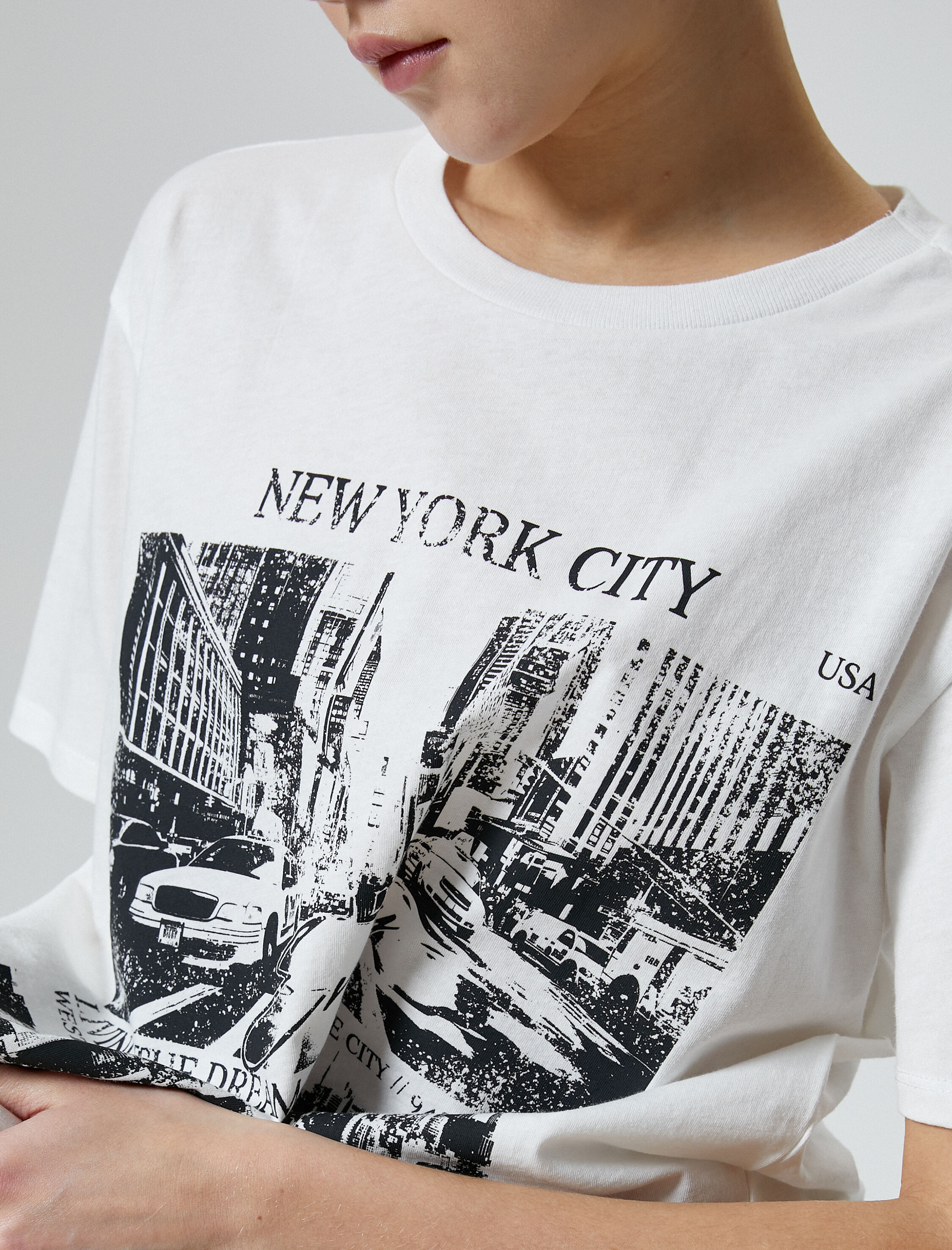   Baskılı Tişört Kısa Kollu Bisiklet Yaka Pamuklu