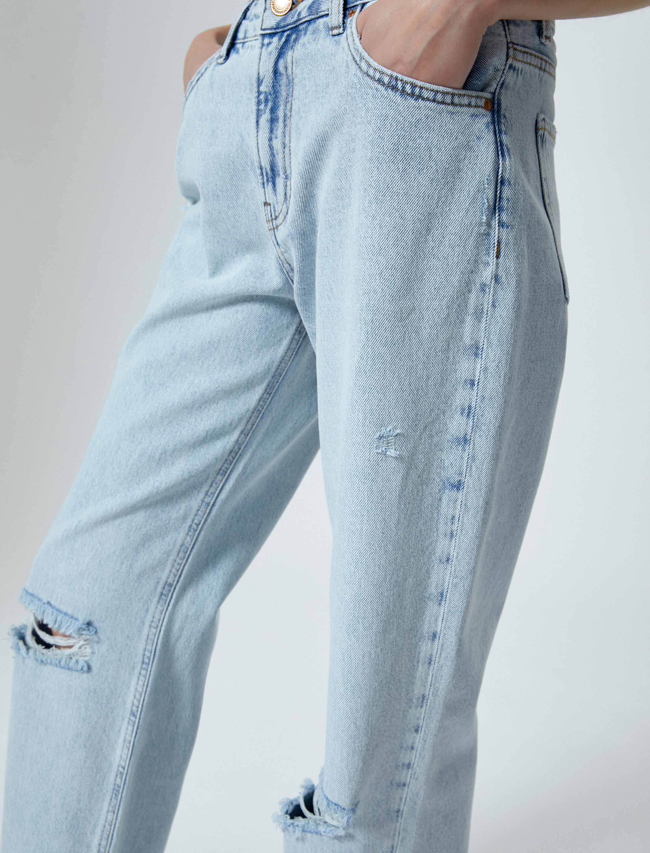   Geniş Düz Paça Yırtık Kot Pantolon Cepli Pamuklu - Nora Jean