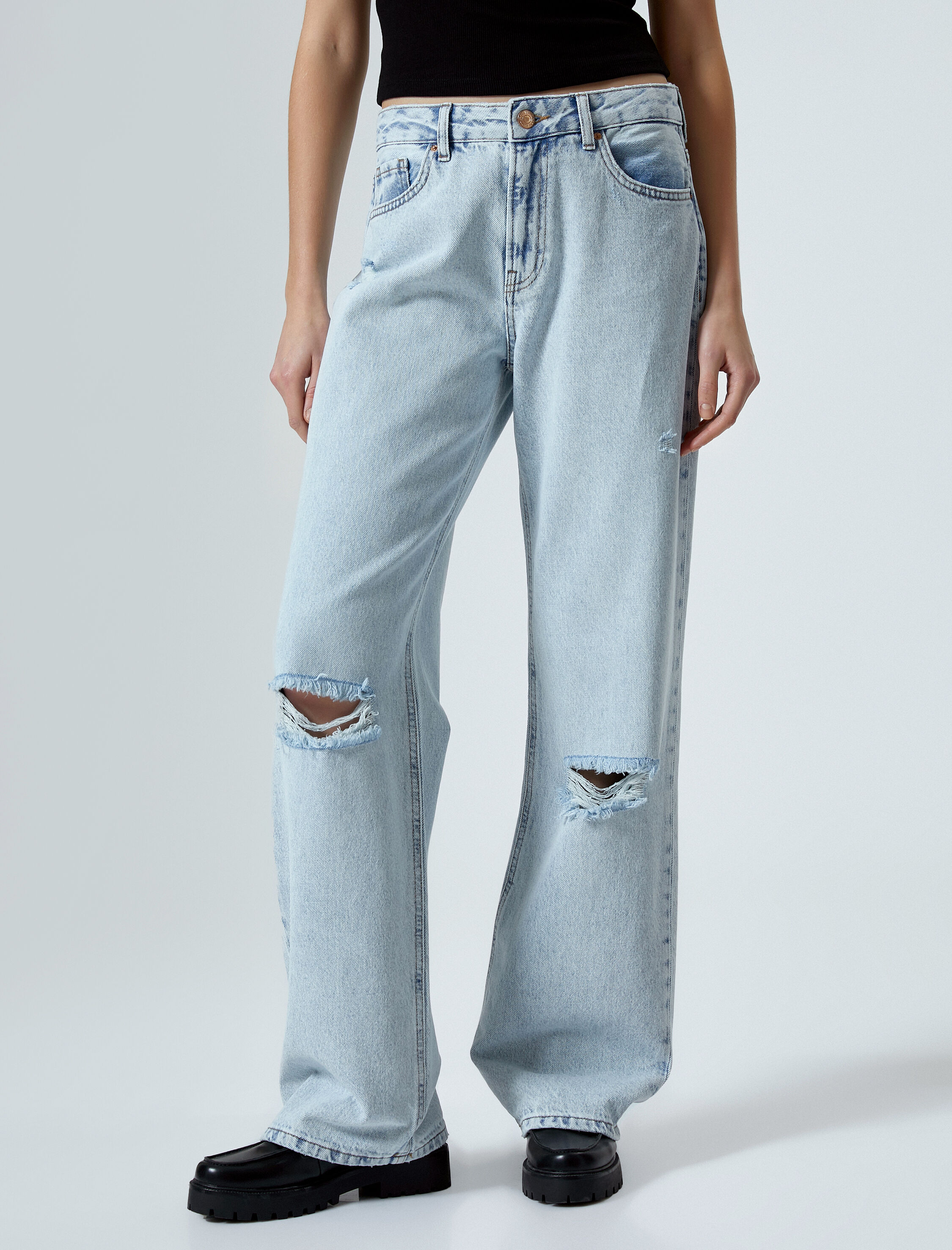   Geniş Düz Paça Yırtık Kot Pantolon Cepli Pamuklu - Nora Jean