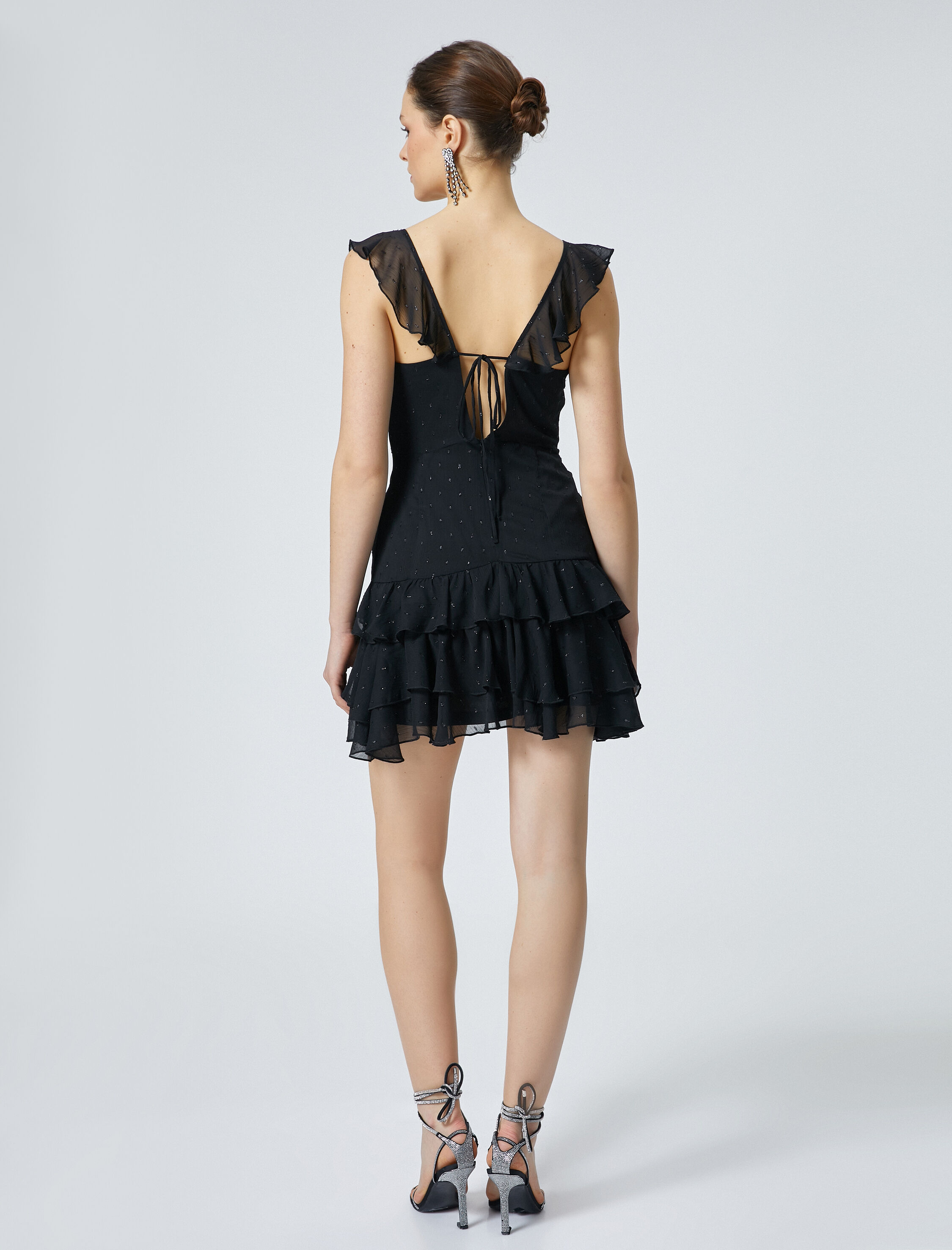   Fırfırlı Mini Elbise Kolsuz Sırt Detaylı Slim Fit  V Yaka