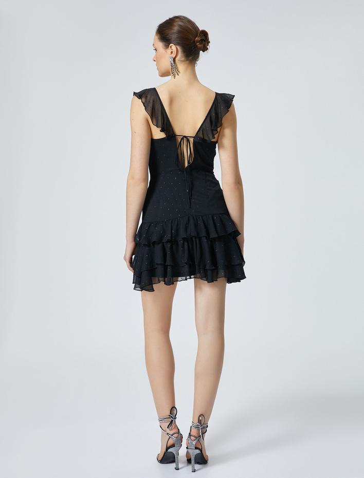  Fırfırlı Mini Elbise Kolsuz Sırt Detaylı Slim Fit  V Yaka