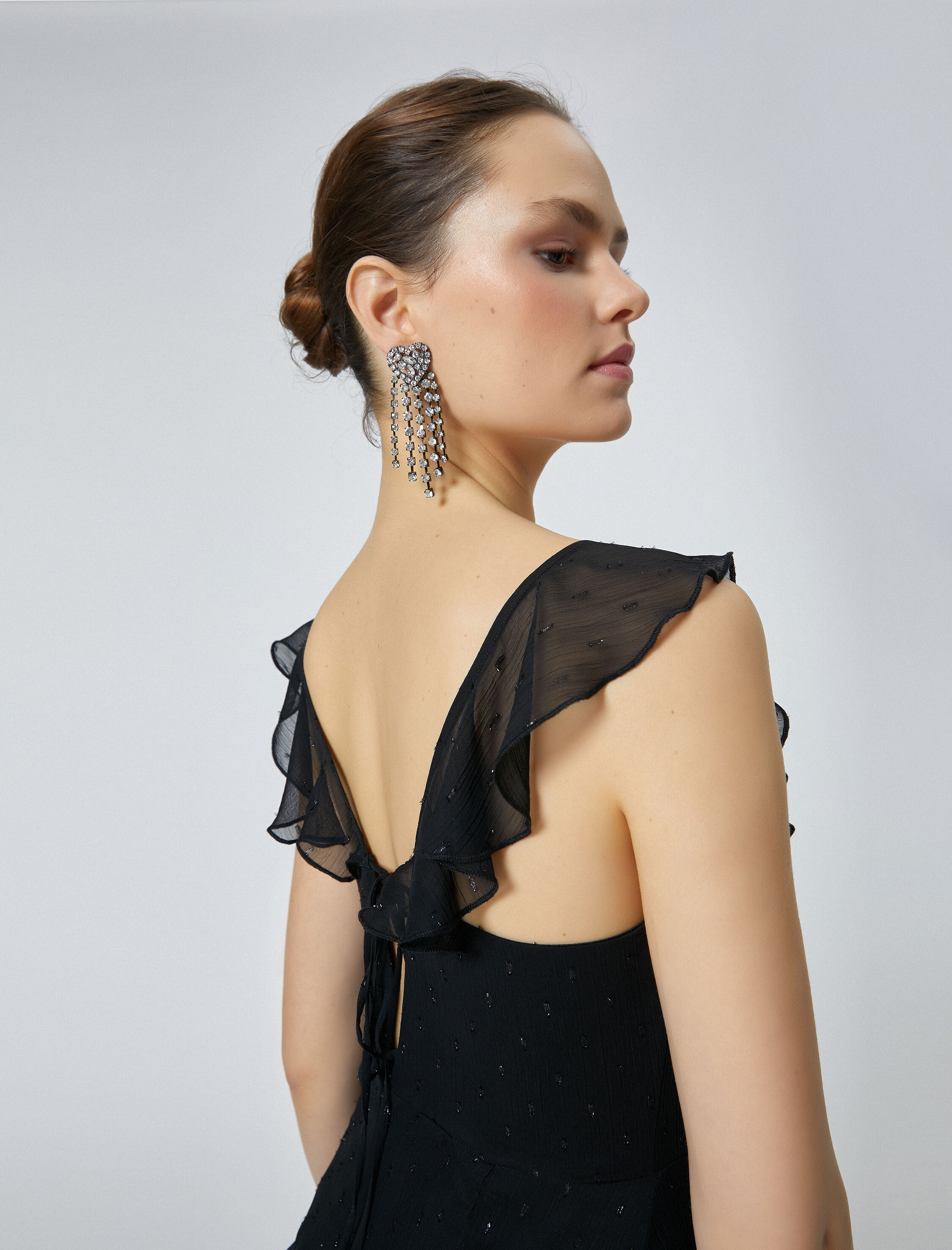   Fırfırlı Mini Elbise Kolsuz Sırt Detaylı Slim Fit  V Yaka