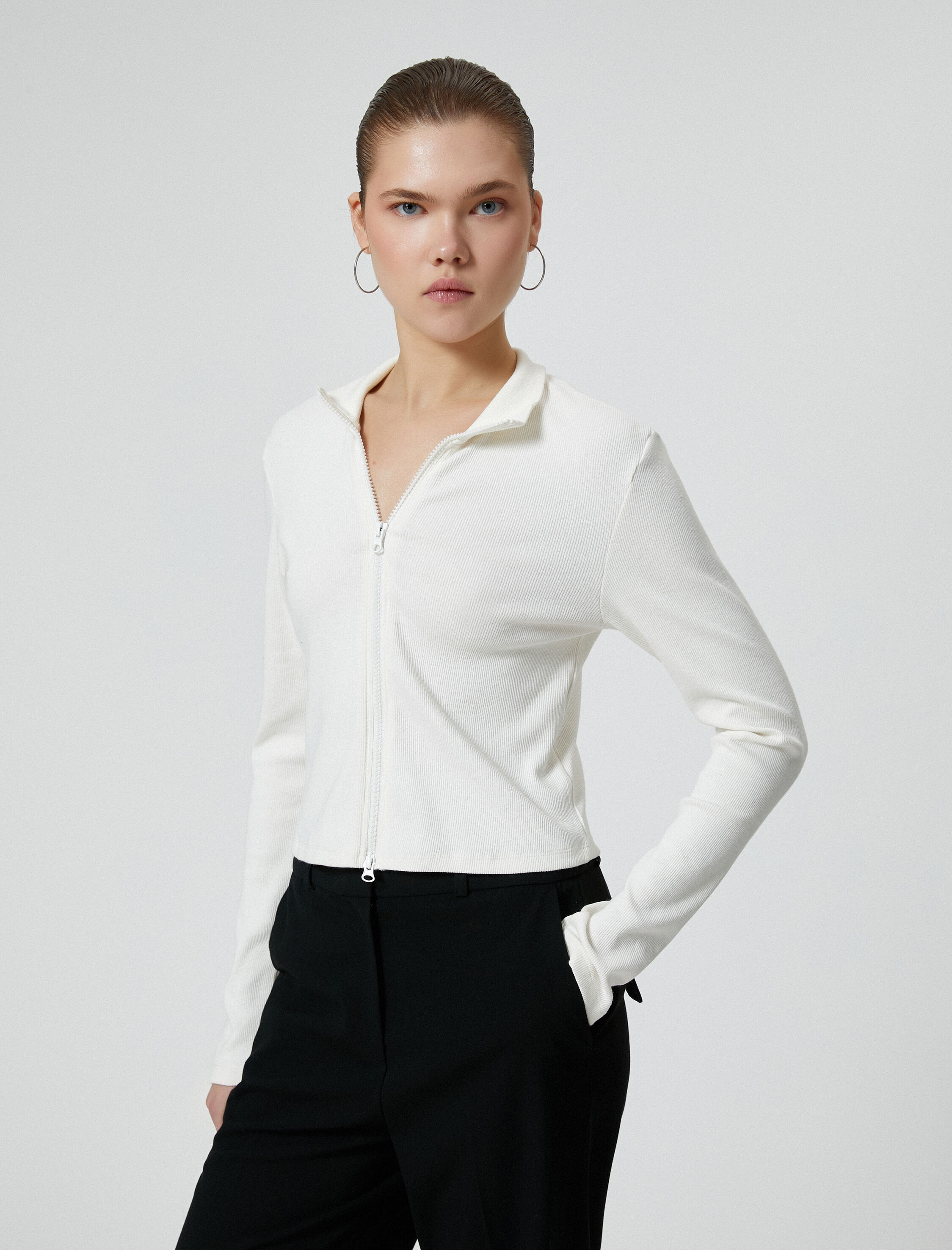 Fermuarlı Triko Hırka Dik Yaka Kaşkorse Uzun Kollu