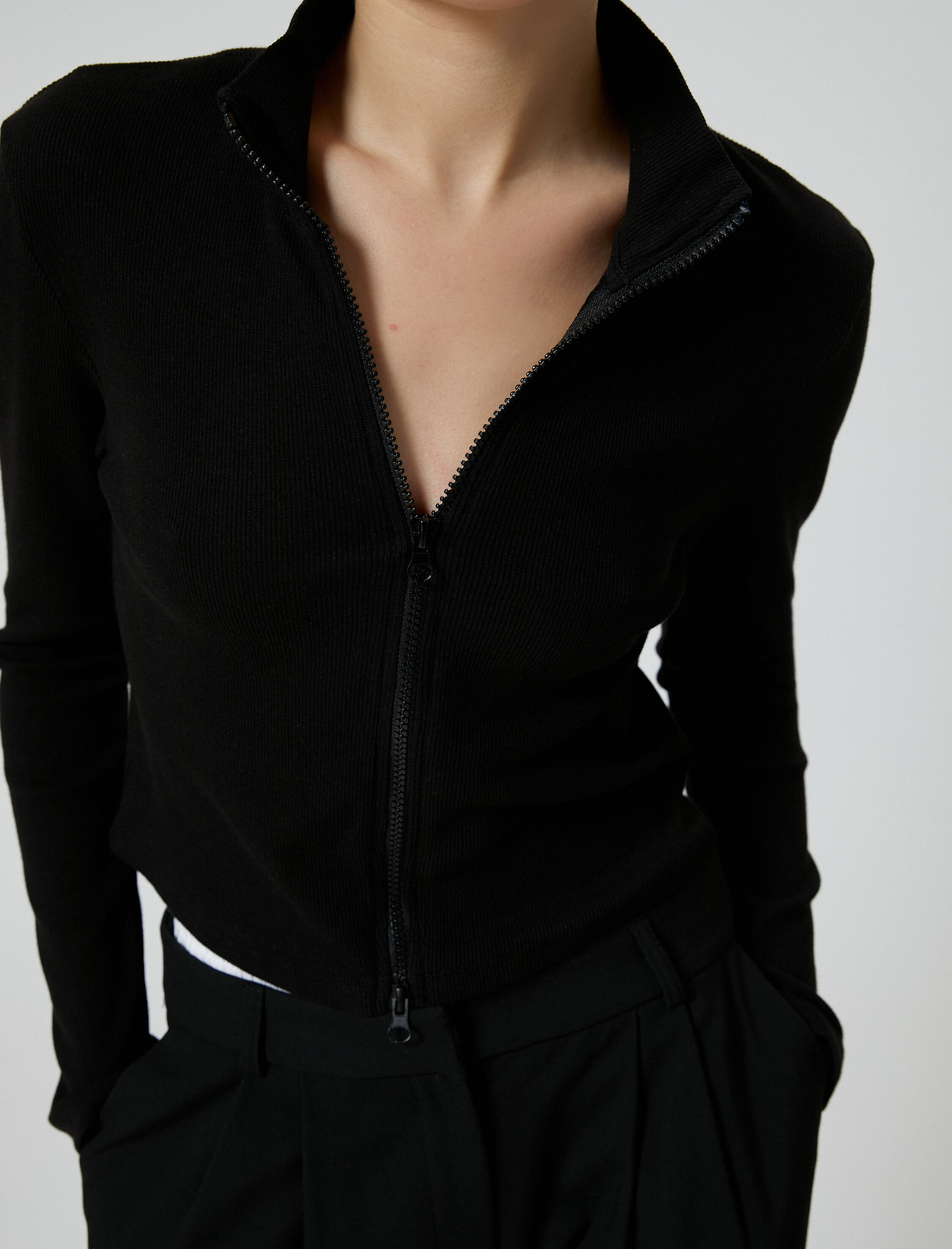   Fermuarlı Triko Hırka Dik Yaka Kaşkorse Uzun Kollu