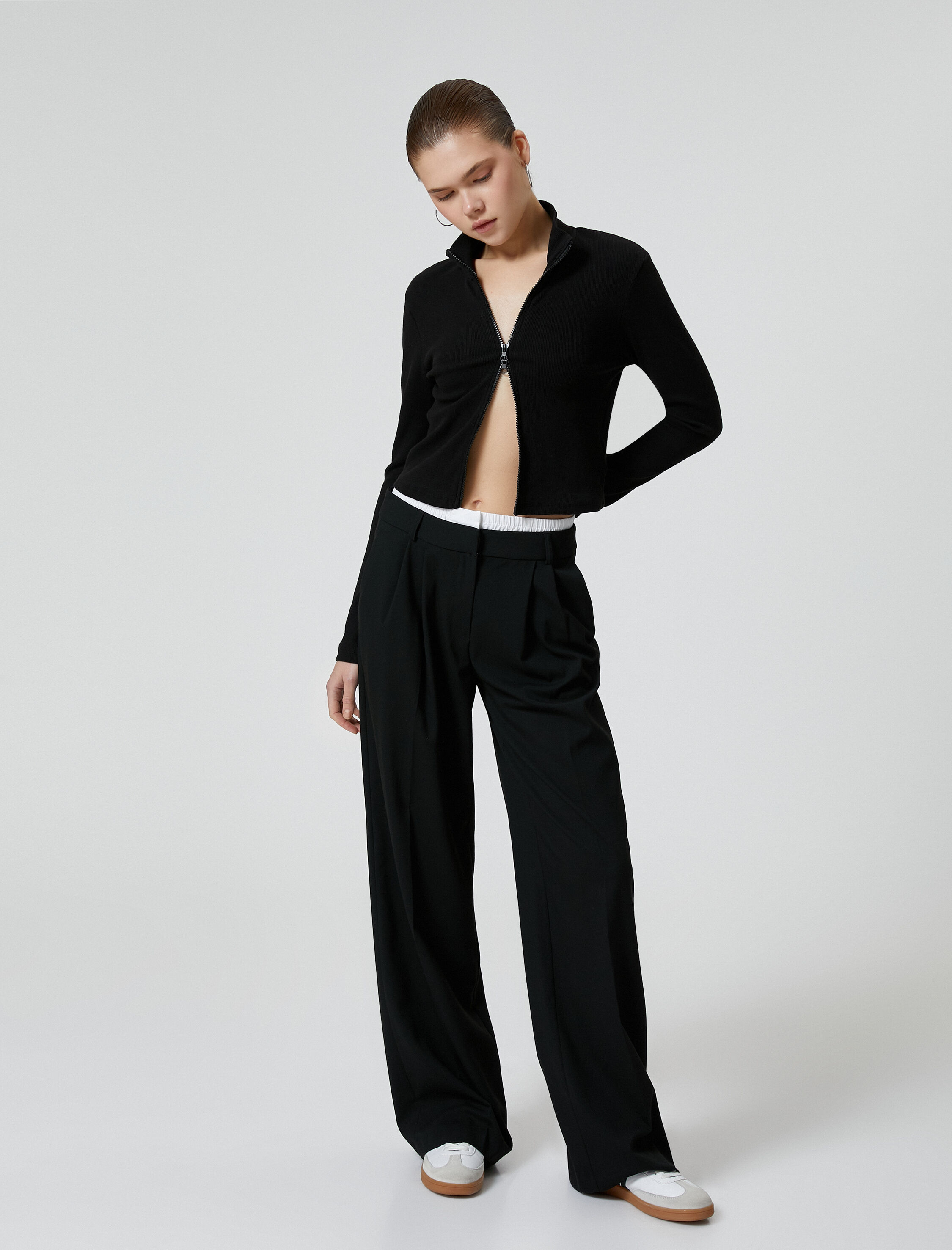   Fermuarlı Triko Hırka Dik Yaka Kaşkorse Uzun Kollu