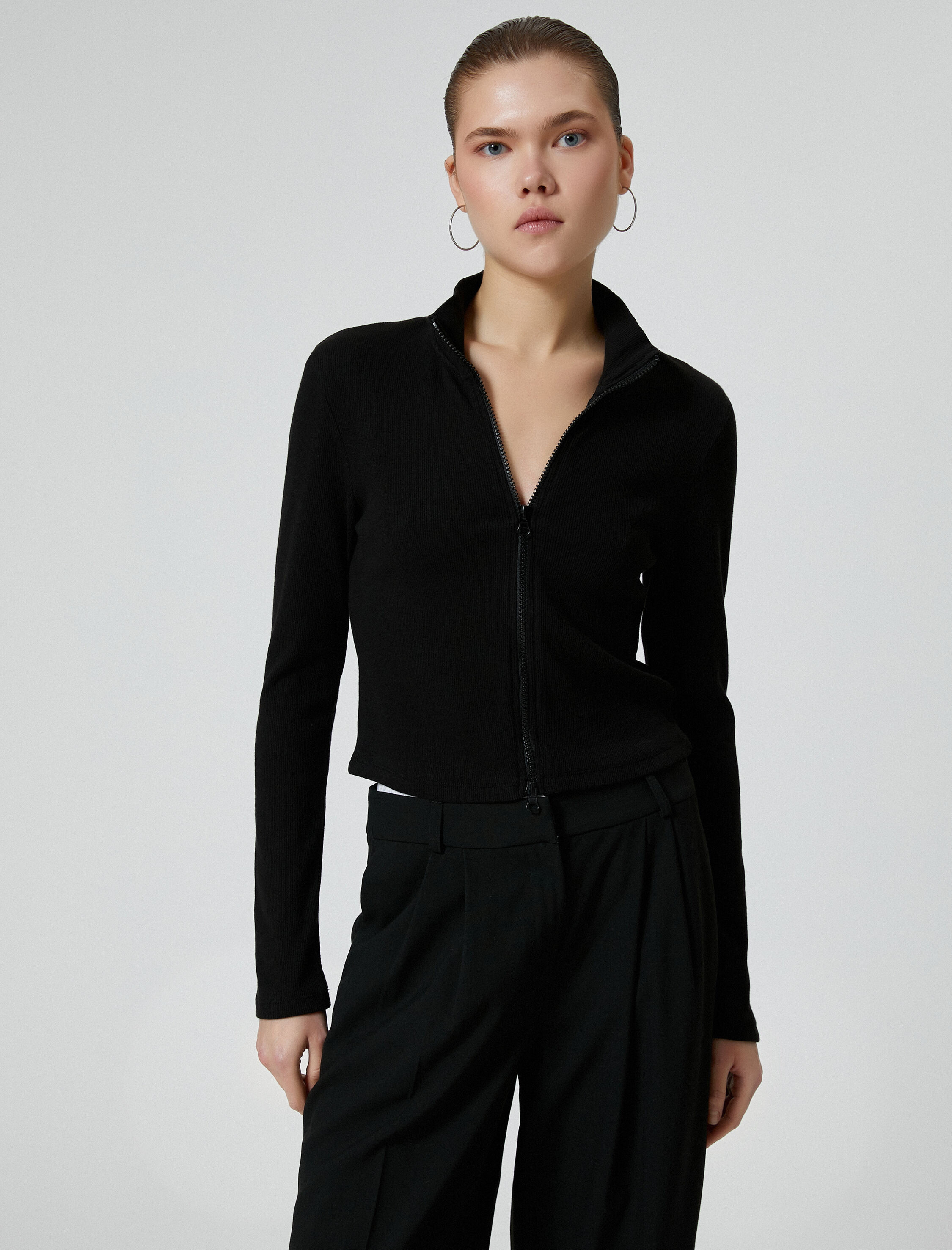   Fermuarlı Triko Hırka Dik Yaka Kaşkorse Uzun Kollu