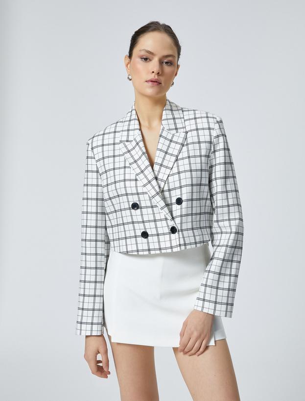 Crop Blazer Ceket Kruvaze Kapama Düğmeli_2