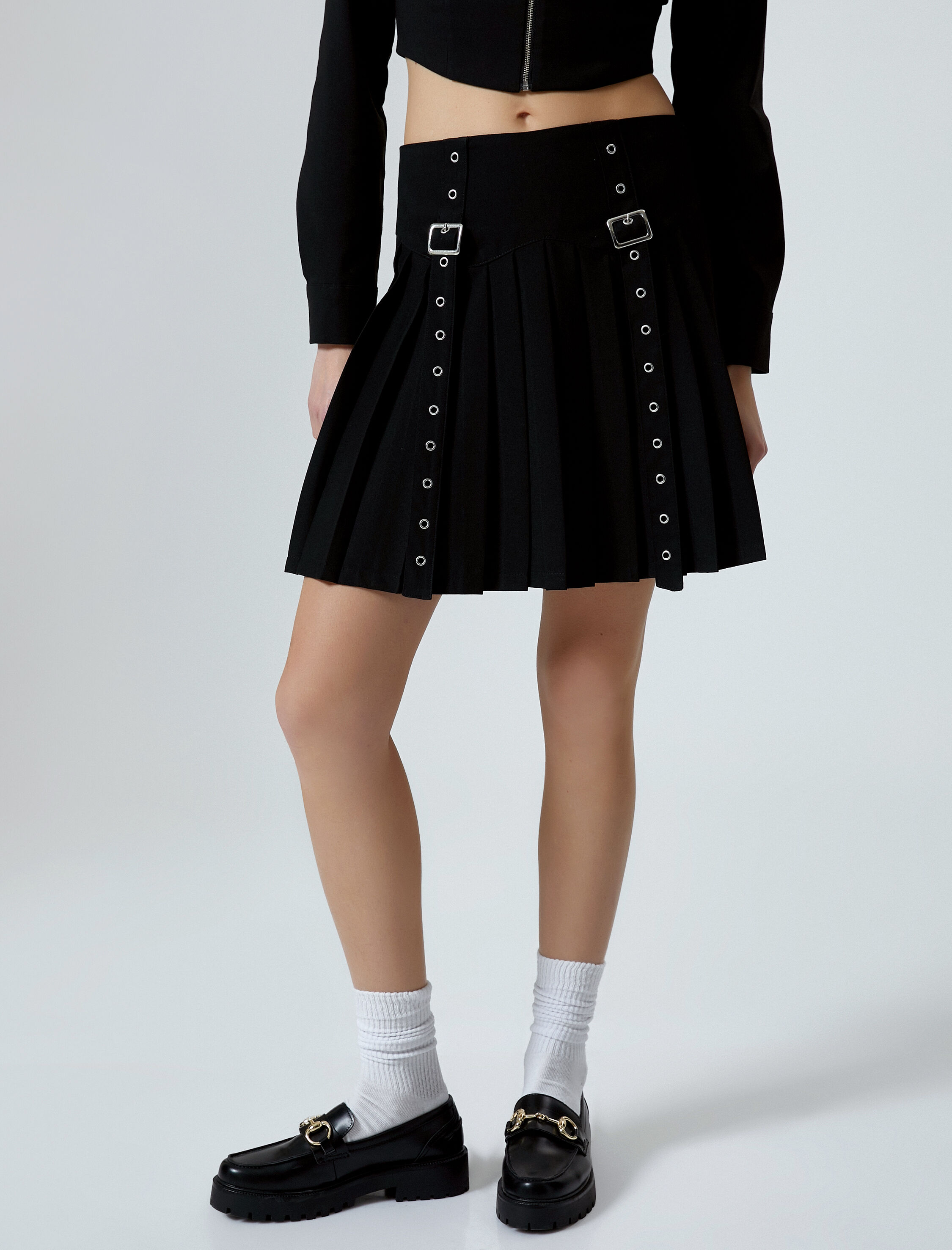   Pileli Mini Etek Rahat Kalıp Kemer Detaylı