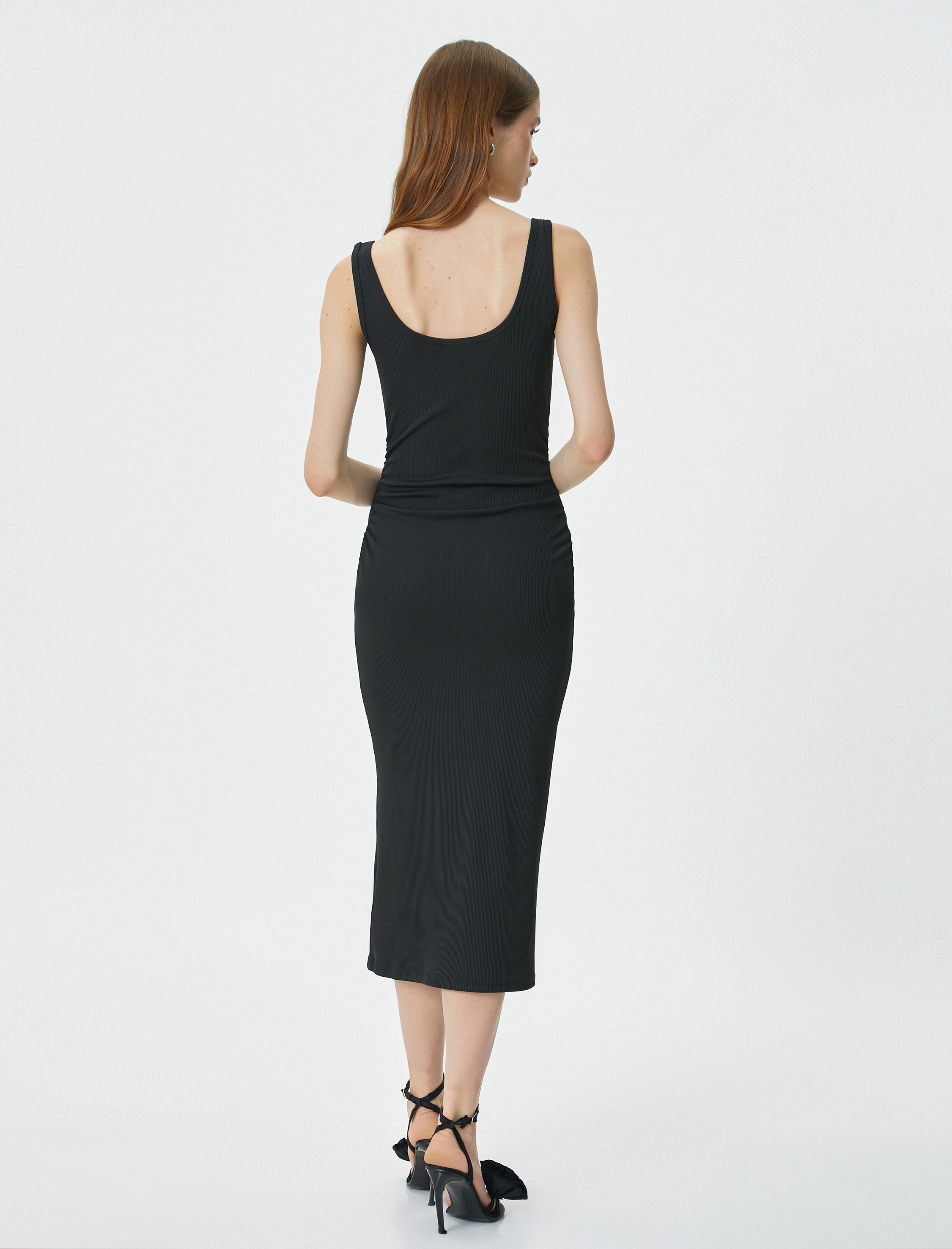   Midi Elbise Askılı U Yaka Fitilli Bodycon