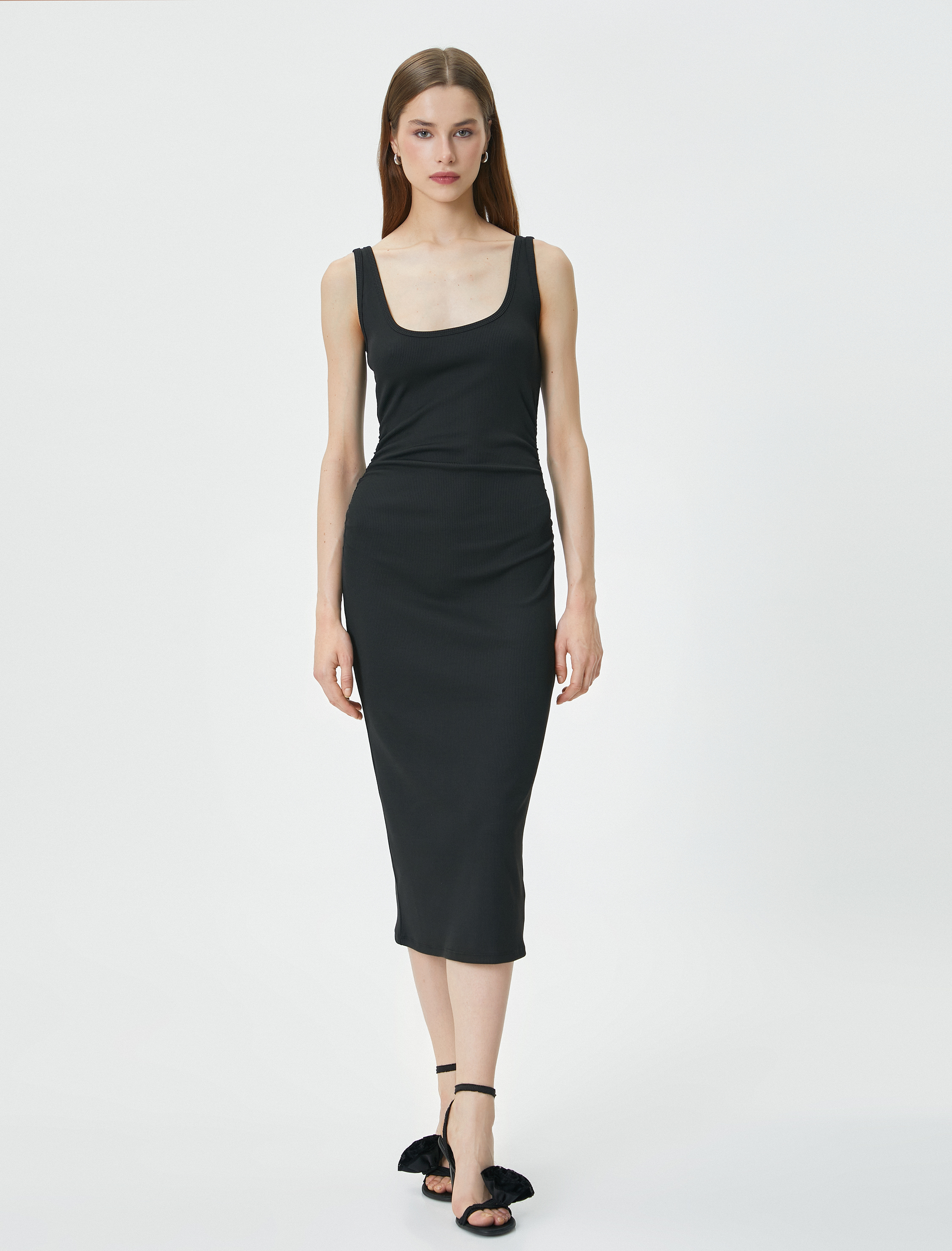   Midi Elbise Askılı U Yaka Fitilli Bodycon