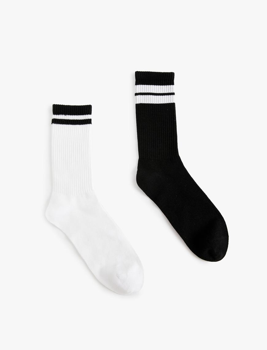  Erkek 2'li Soket Çorap Seti Çok Renkli Şerit Detaylı