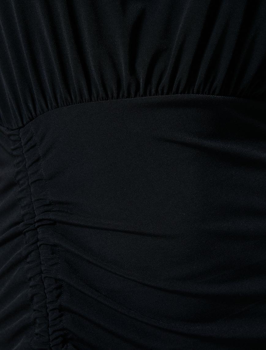   Midi Elbise Drapeli Kısa Kollu Yırtmaçlı Fiyonk Detaylı