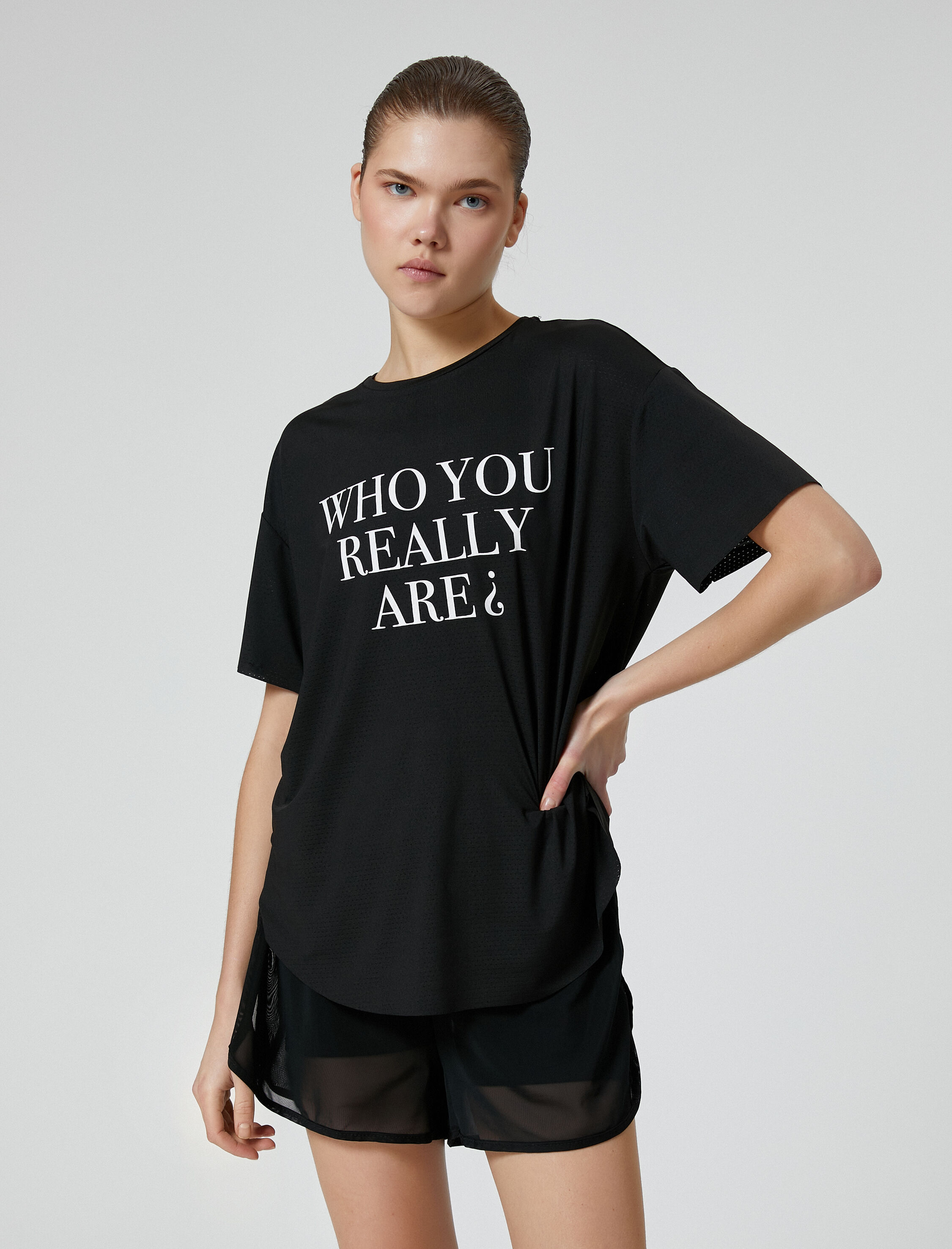   Oversize Spor Tişört Slogan Baskılı Bisiklet Yaka Kısa Kollu