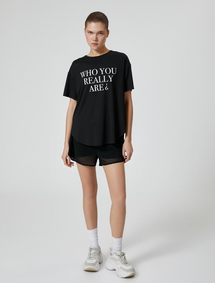  Oversize Spor Tişört Slogan Baskılı Bisiklet Yaka Kısa Kollu