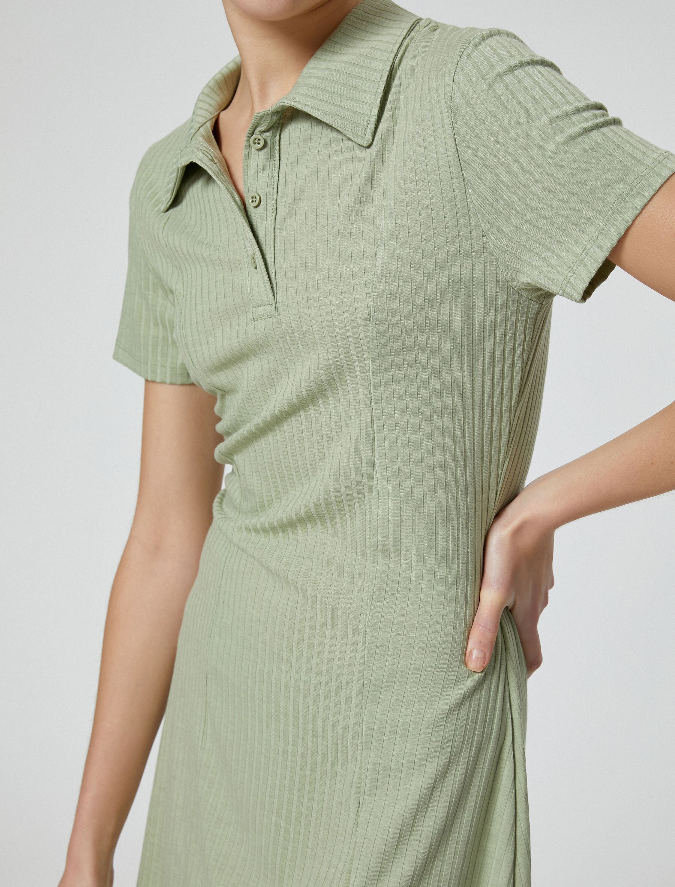   Polo Yaka Mini Elbise A Kesim Kısa Kollu Ribanalı