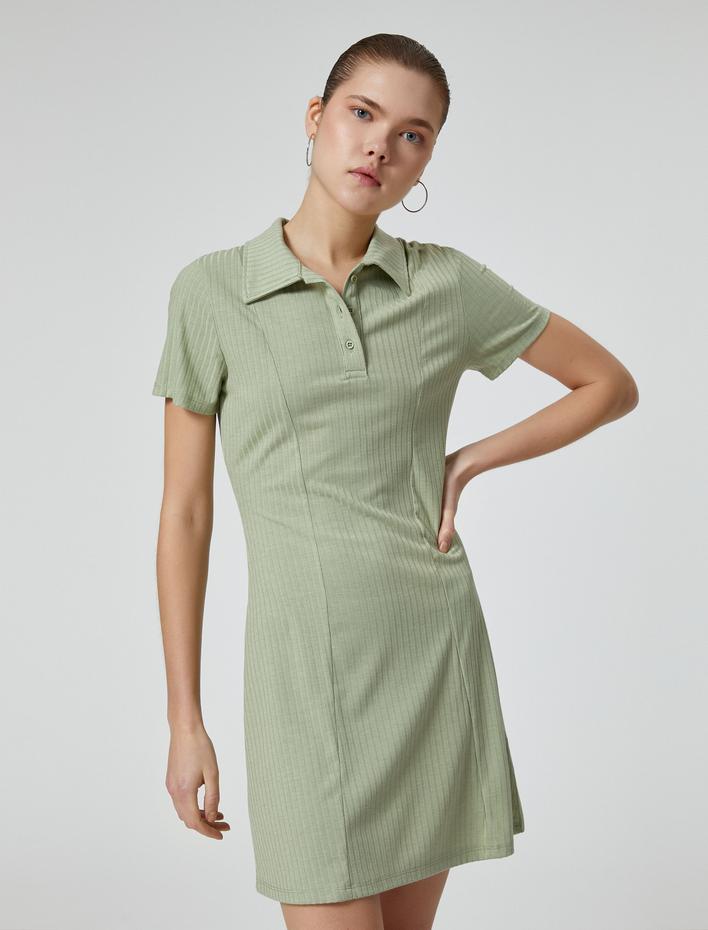  Polo Yaka Mini Elbise A Kesim Kısa Kollu Ribanalı