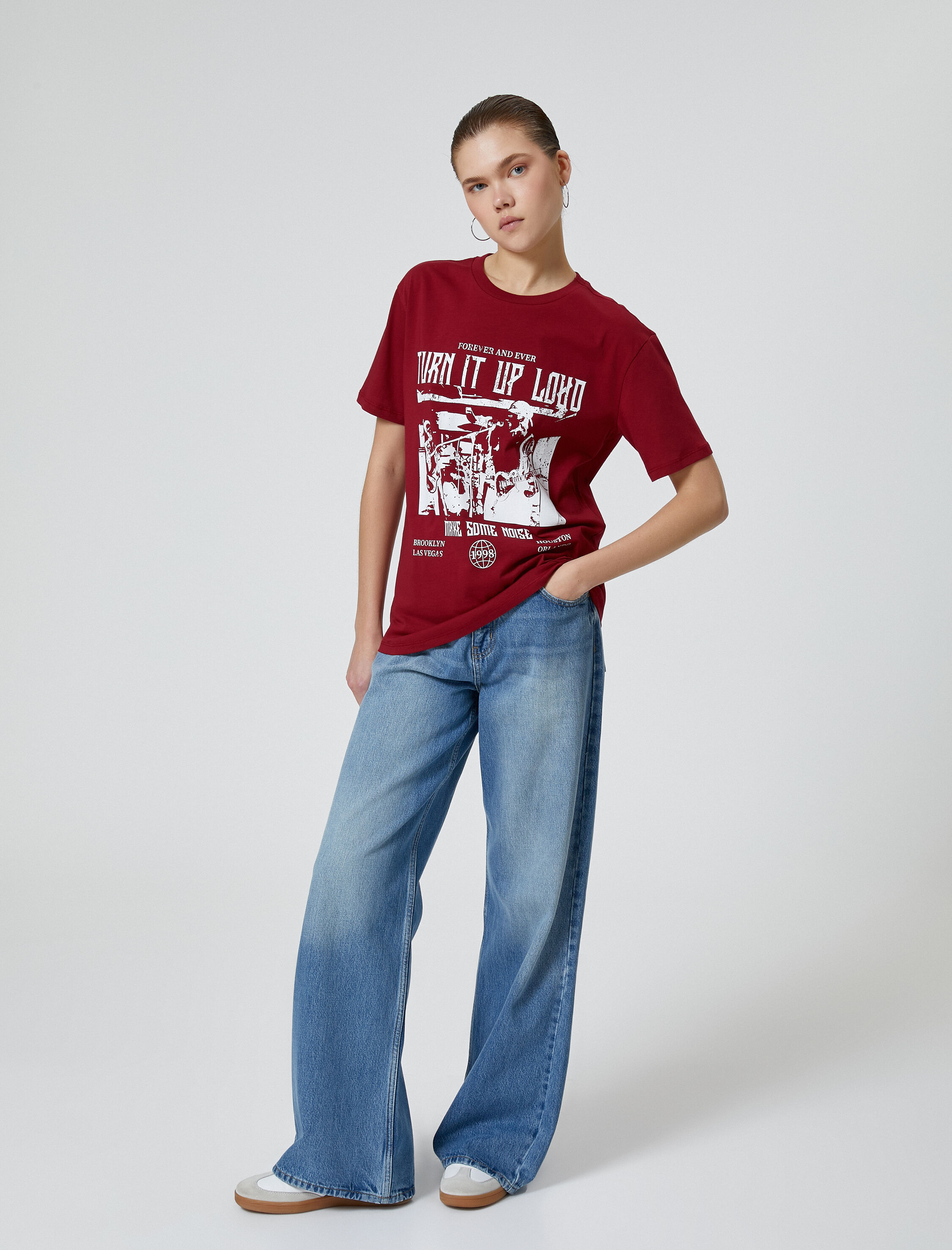   Baskılı Tişört Kısa Kollu Bisiklet Yaka Pamuklu